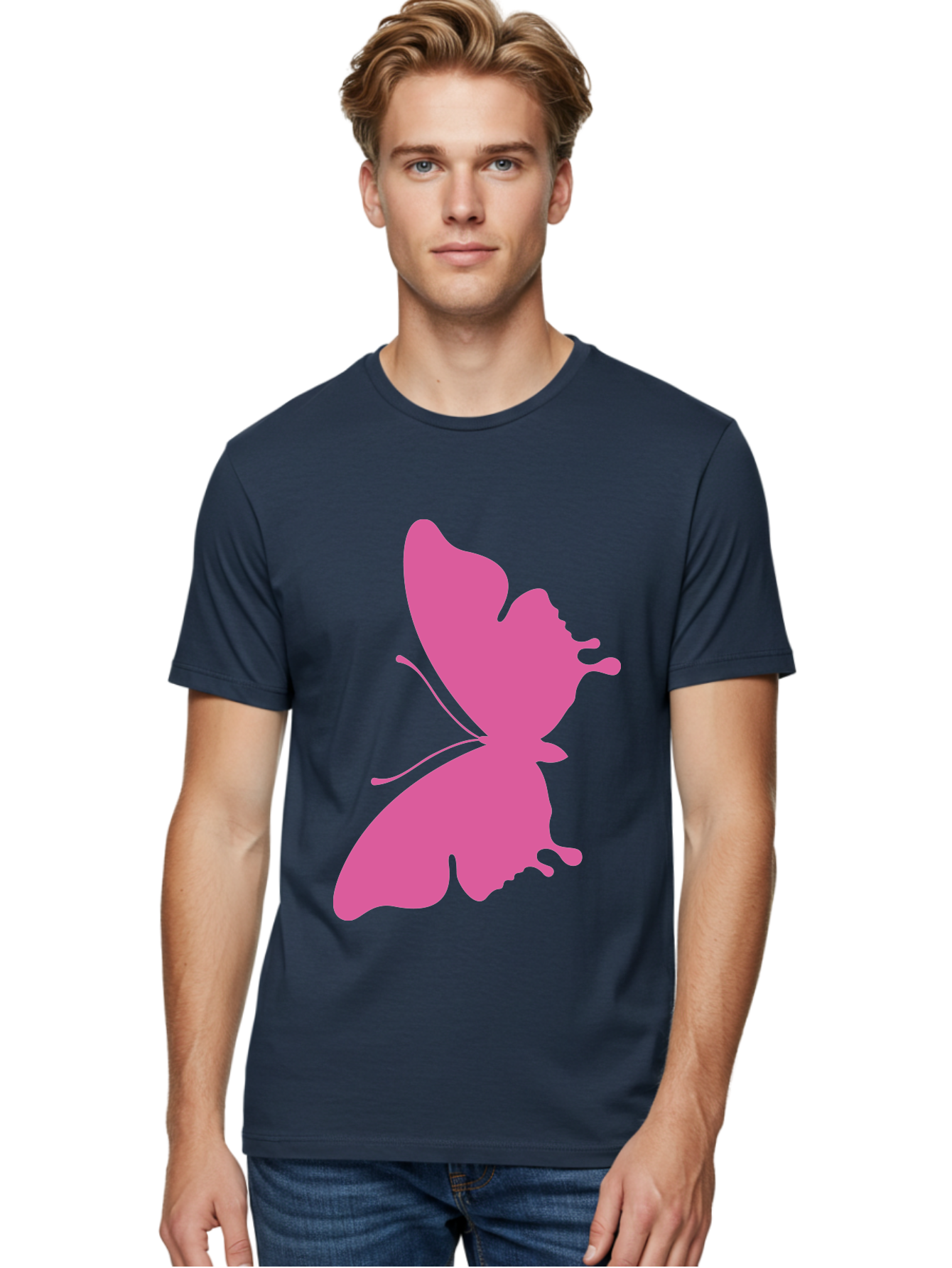 Pink-Butterfly Men'S Graphic Tee, 100% Cotton, Comfortable Casual Summer Wear, Machine Washable, Butterfly Silhouette, Pink Butterfly, Abstract Butterfly, Delicate Wings, Minimalist Design, Vibrant Pink Color, Bold Silhouette, Aad090 8