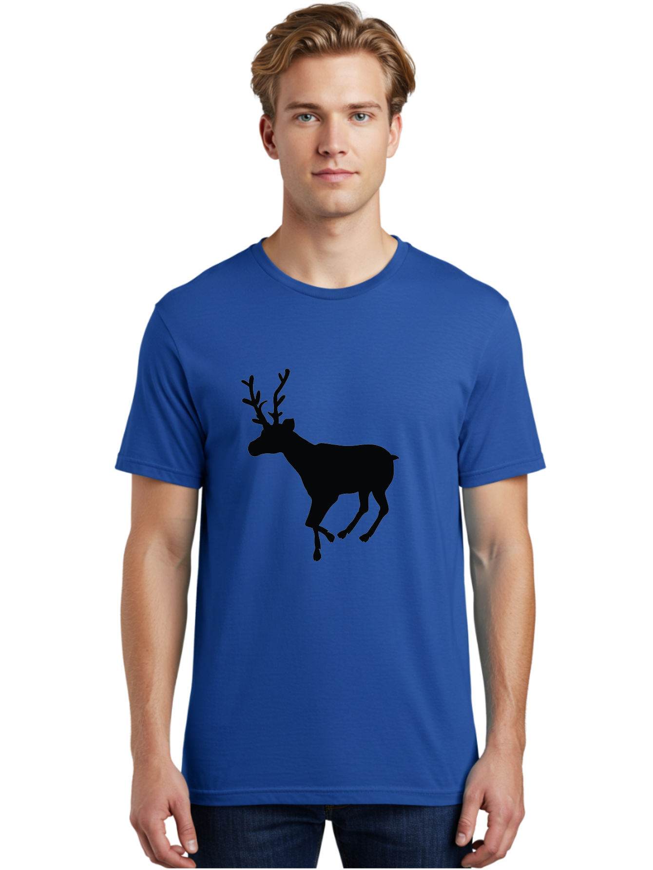Reindeer-Silhouette Men'S Graphic Tee, 100% Cotton, Comfortable Casual Summer Wear, Machine Washable, Reindeer Silhouette, Deer Running, Antlered Animal, Wildlife Graphic, Festive Design, Winter Symbol, Holiday Icon, Minimalist Art Aad123 24