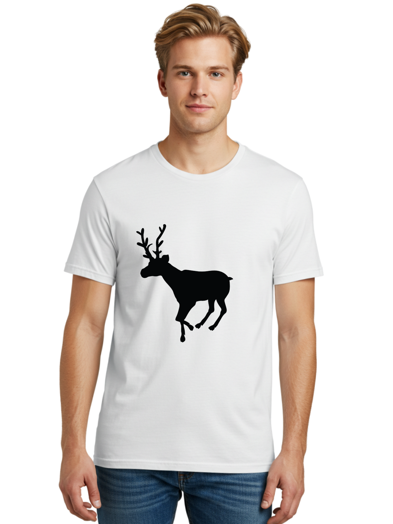 Reindeer-Silhouette Men'S Graphic Tee, 100% Cotton, Comfortable Casual Summer Wear, Machine Washable, Reindeer Silhouette, Deer Running, Antlered Animal, Wildlife Graphic, Festive Design, Winter Symbol, Holiday Icon, Minimalist Art Aad123 28