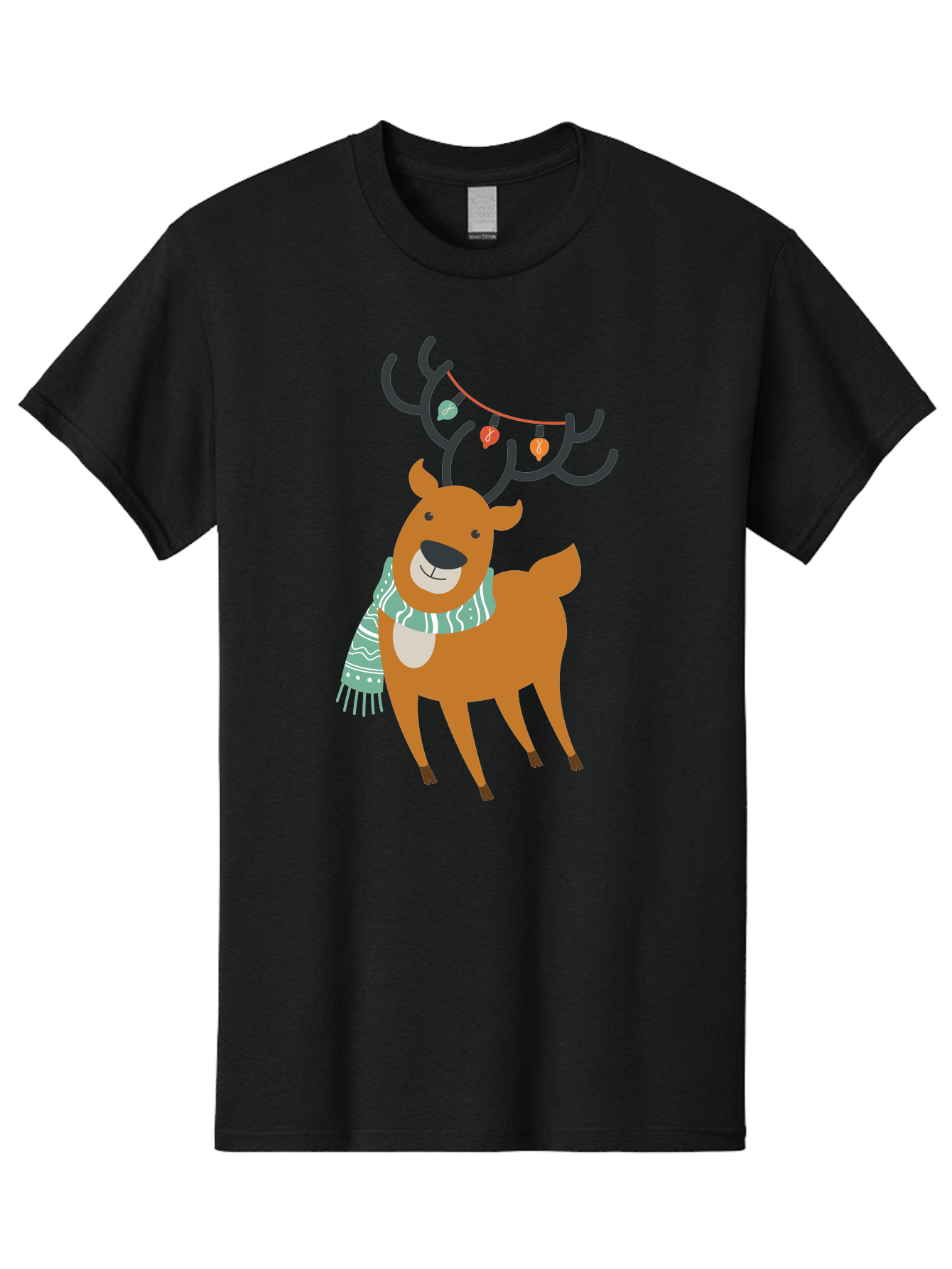 Reindeer-With-Scarf-And-Lights Men'S Graphic Tee, 100% Cotton, Comfortable Casual Summer Wear, Machine Washable, Holiday Reindeer, Christmas Decoration, Festive Scarf, String Lights, Cartoon Character, Winter Wonderland, Merry Christmas, Aad124 7
