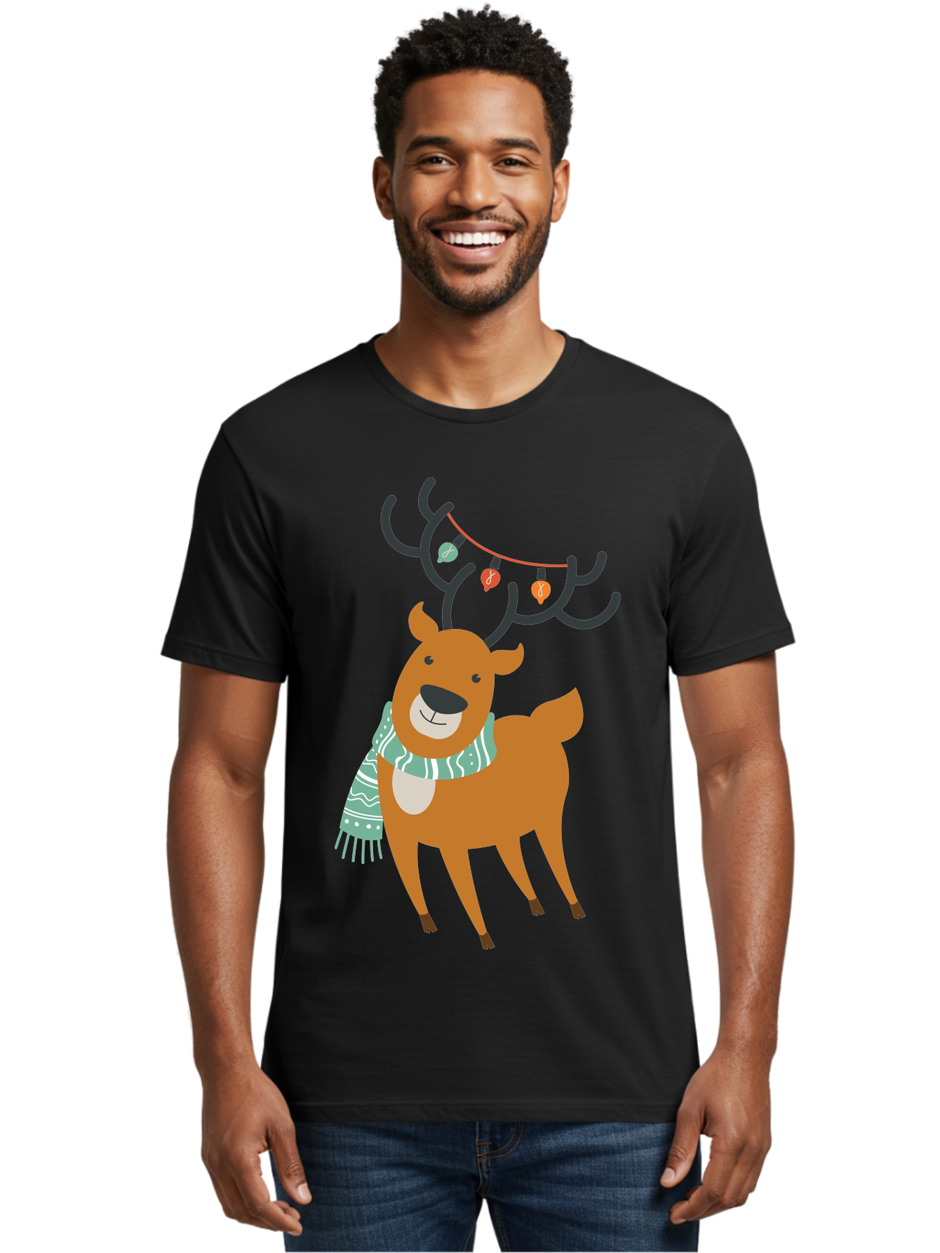 Reindeer-With-Scarf-And-Lights Men'S Graphic Tee, 100% Cotton, Comfortable Casual Summer Wear, Machine Washable, Holiday Reindeer, Christmas Decoration, Festive Scarf, String Lights, Cartoon Character, Winter Wonderland, Merry Christmas, Aad124 8