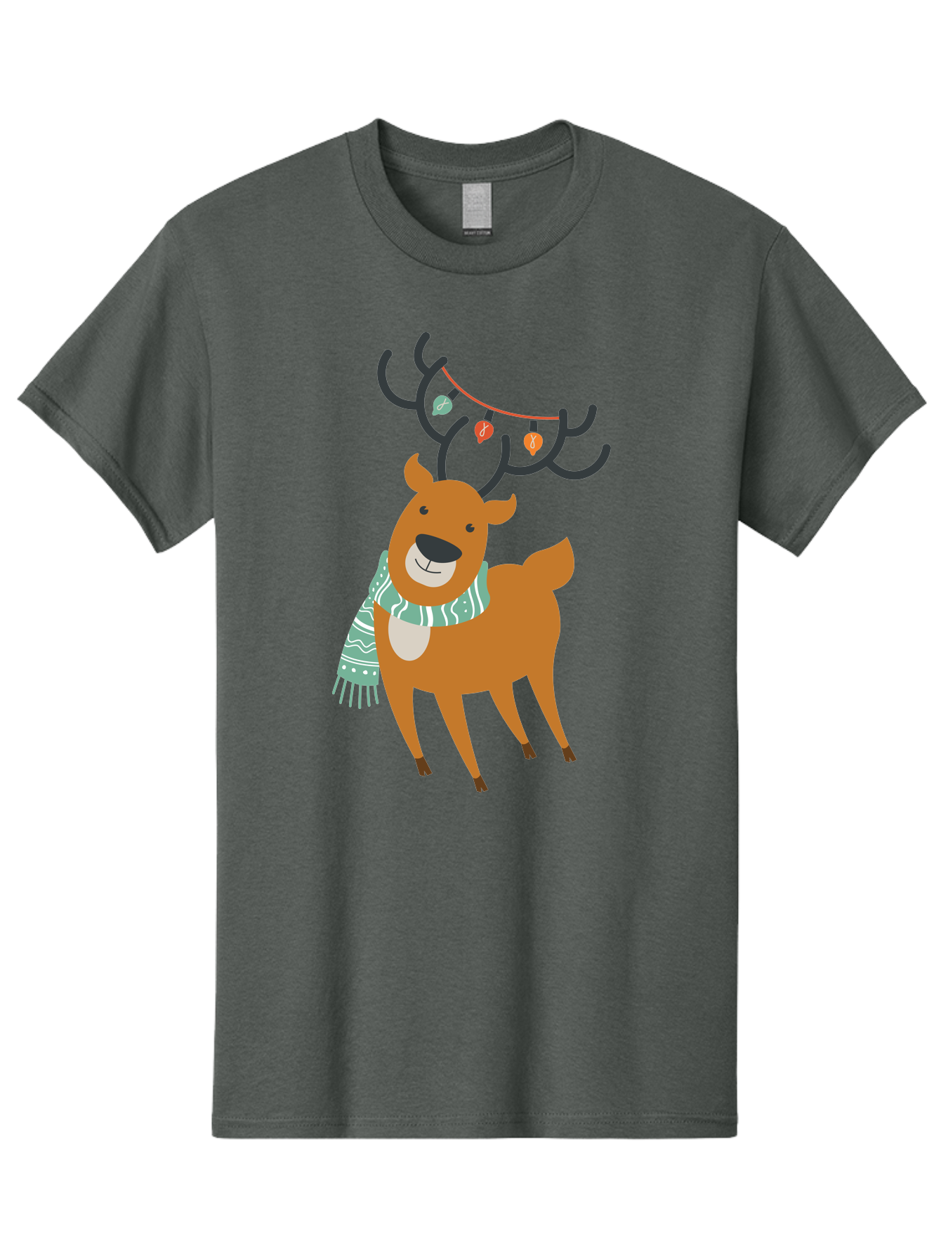 Reindeer-With-Scarf-And-Lights Men'S Graphic Tee, 100% Cotton, Comfortable Casual Summer Wear, Machine Washable, Holiday Reindeer, Christmas Decoration, Festive Scarf, String Lights, Cartoon Character, Winter Wonderland, Merry Christmas, Aad124 23