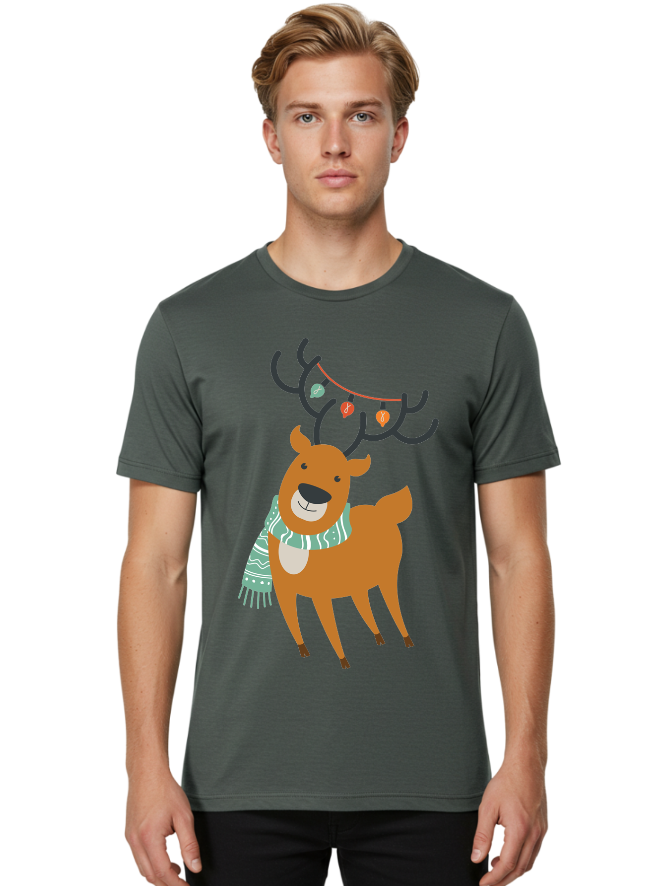 Reindeer-With-Scarf-And-Lights Men'S Graphic Tee, 100% Cotton, Comfortable Casual Summer Wear, Machine Washable, Holiday Reindeer, Christmas Decoration, Festive Scarf, String Lights, Cartoon Character, Winter Wonderland, Merry Christmas, Aad124 24