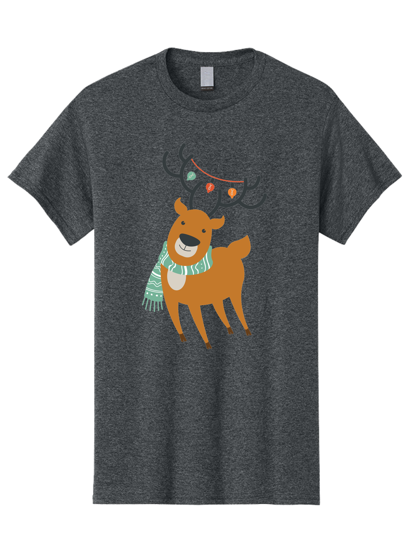 Reindeer-With-Scarf-And-Lights Men'S Graphic Tee, 100% Cotton, Comfortable Casual Summer Wear, Machine Washable, Holiday Reindeer, Christmas Decoration, Festive Scarf, String Lights, Cartoon Character, Winter Wonderland, Merry Christmas, Aad124 3