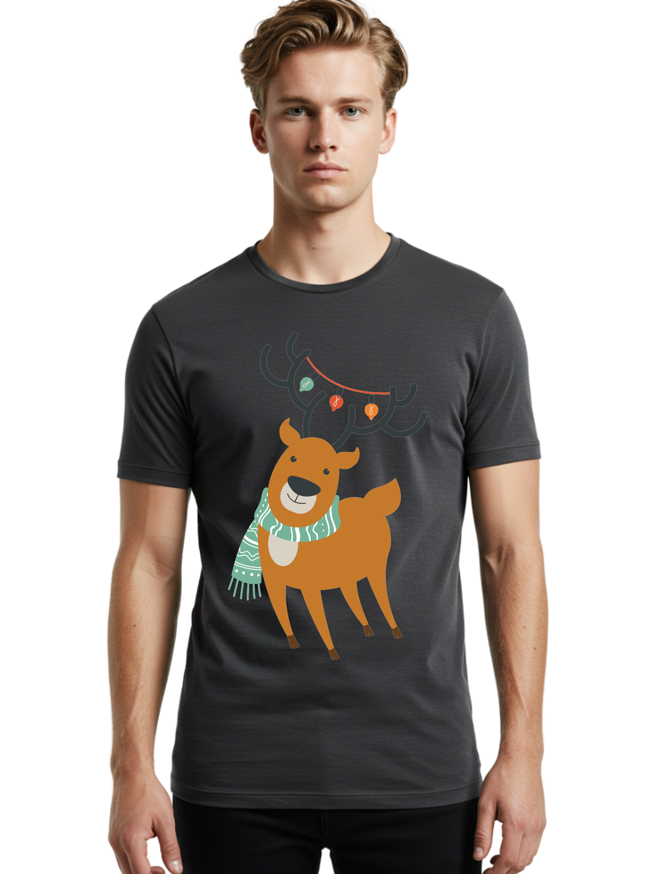 Reindeer-With-Scarf-And-Lights Men'S Graphic Tee, 100% Cotton, Comfortable Casual Summer Wear, Machine Washable, Holiday Reindeer, Christmas Decoration, Festive Scarf, String Lights, Cartoon Character, Winter Wonderland, Merry Christmas, Aad124 4