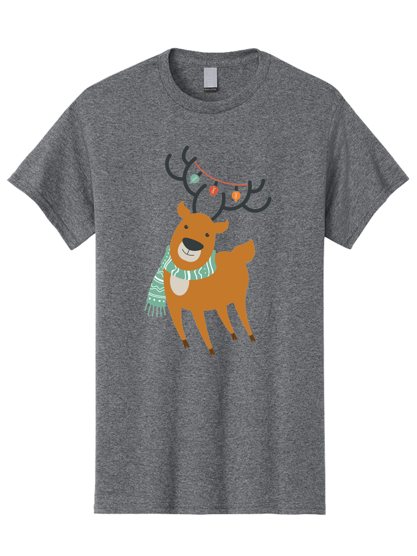 Reindeer-With-Scarf-And-Lights Men'S Graphic Tee, 100% Cotton, Comfortable Casual Summer Wear, Machine Washable, Holiday Reindeer, Christmas Decoration, Festive Scarf, String Lights, Cartoon Character, Winter Wonderland, Merry Christmas, Aad124 25