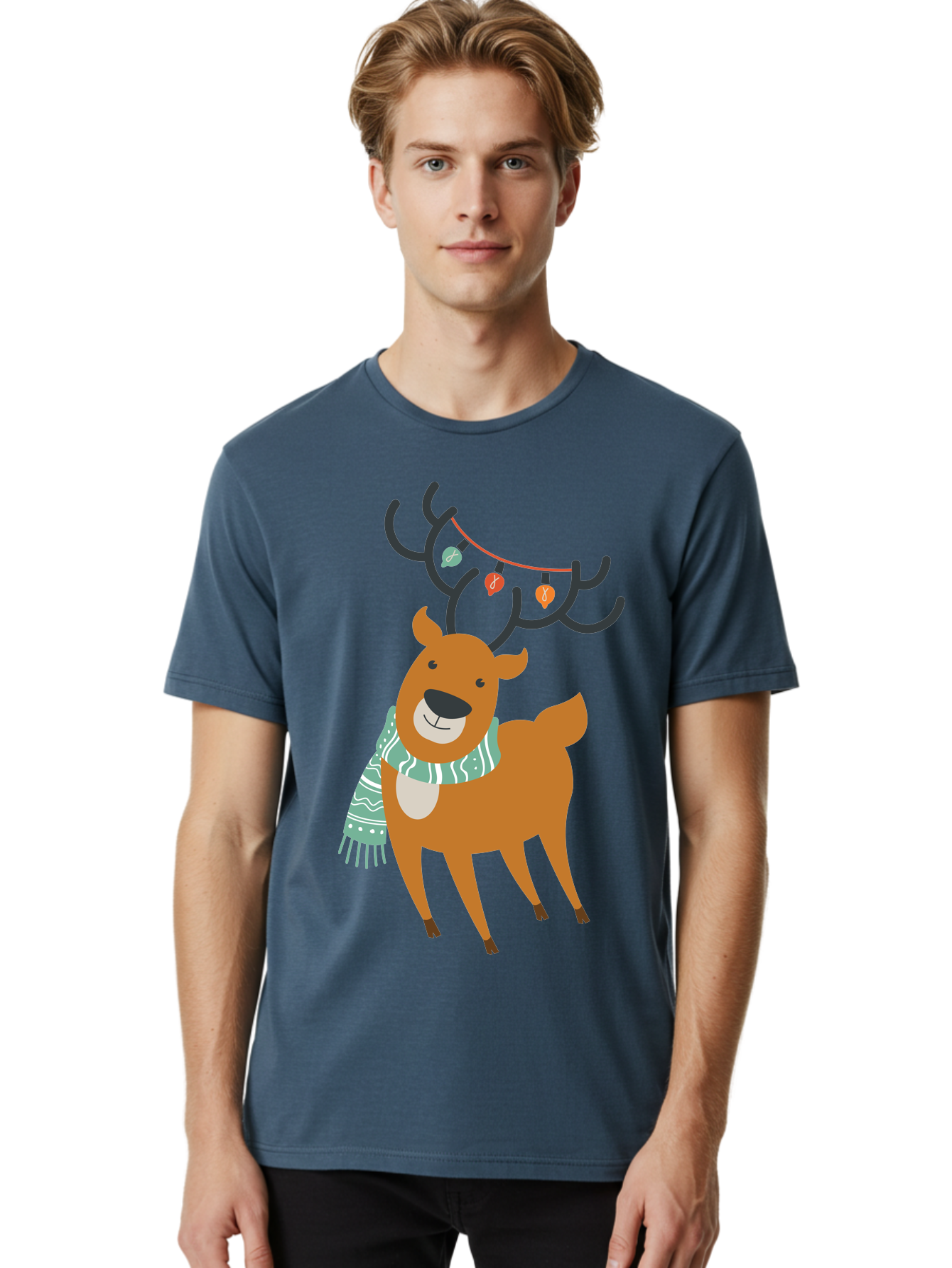 Reindeer-With-Scarf-And-Lights Men'S Graphic Tee, 100% Cotton, Comfortable Casual Summer Wear, Machine Washable, Holiday Reindeer, Christmas Decoration, Festive Scarf, String Lights, Cartoon Character, Winter Wonderland, Merry Christmas, Aad124 6
