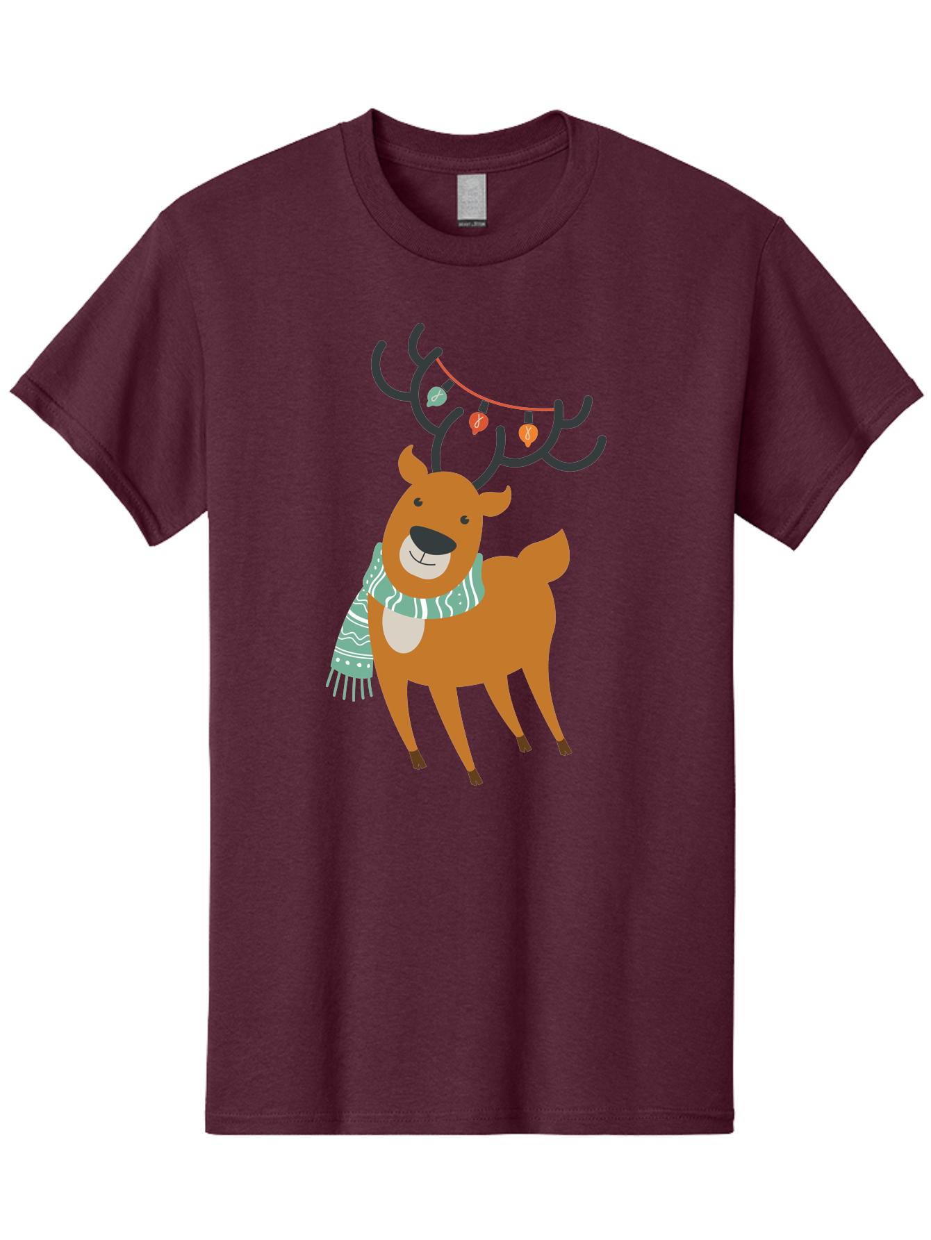 Reindeer-With-Scarf-And-Lights Men'S Graphic Tee, 100% Cotton, Comfortable Casual Summer Wear, Machine Washable, Holiday Reindeer, Christmas Decoration, Festive Scarf, String Lights, Cartoon Character, Winter Wonderland, Merry Christmas, Aad124 11