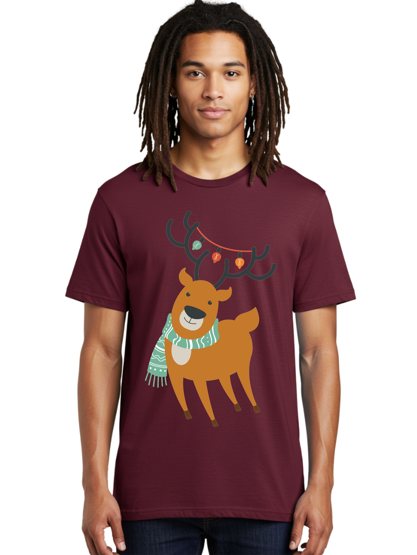 Reindeer-With-Scarf-And-Lights Men'S Graphic Tee, 100% Cotton, Comfortable Casual Summer Wear, Machine Washable, Holiday Reindeer, Christmas Decoration, Festive Scarf, String Lights, Cartoon Character, Winter Wonderland, Merry Christmas, Aad124 12