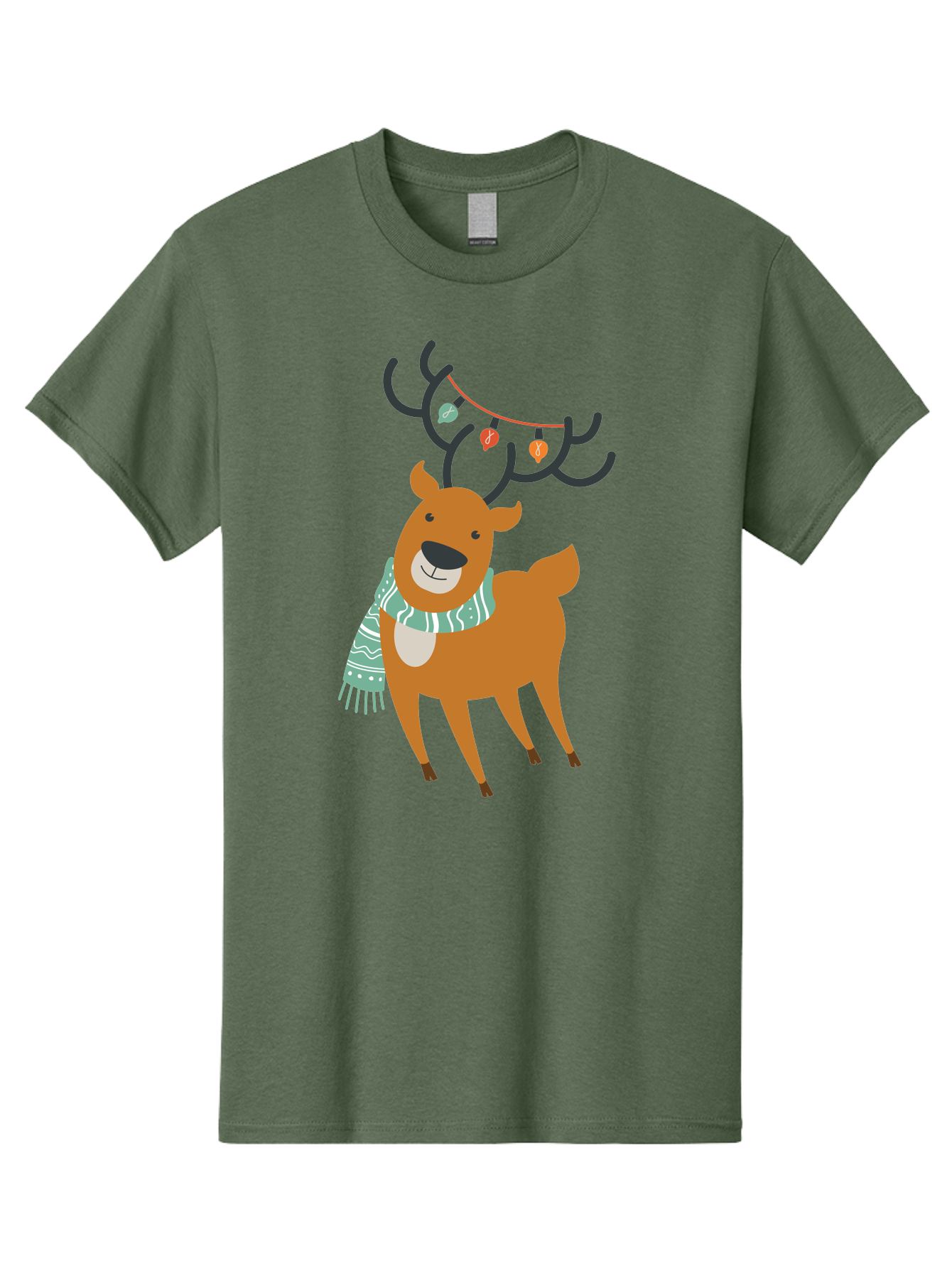 Reindeer-With-Scarf-And-Lights Men'S Graphic Tee, 100% Cotton, Comfortable Casual Summer Wear, Machine Washable, Holiday Reindeer, Christmas Decoration, Festive Scarf, String Lights, Cartoon Character, Winter Wonderland, Merry Christmas, Aad124 27