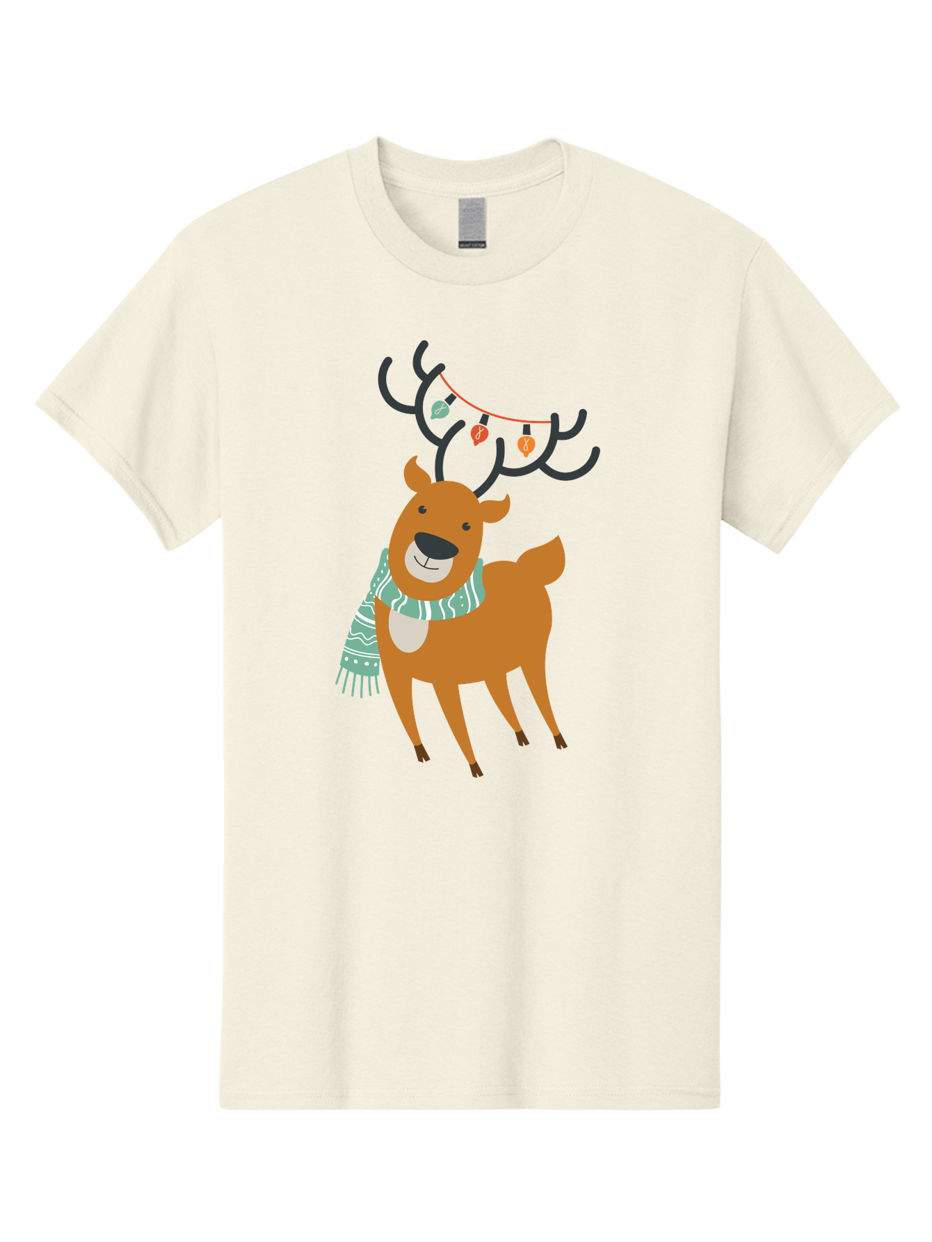 Reindeer-With-Scarf-And-Lights Men'S Graphic Tee, 100% Cotton, Comfortable Casual Summer Wear, Machine Washable, Holiday Reindeer, Christmas Decoration, Festive Scarf, String Lights, Cartoon Character, Winter Wonderland, Merry Christmas, Aad124 21