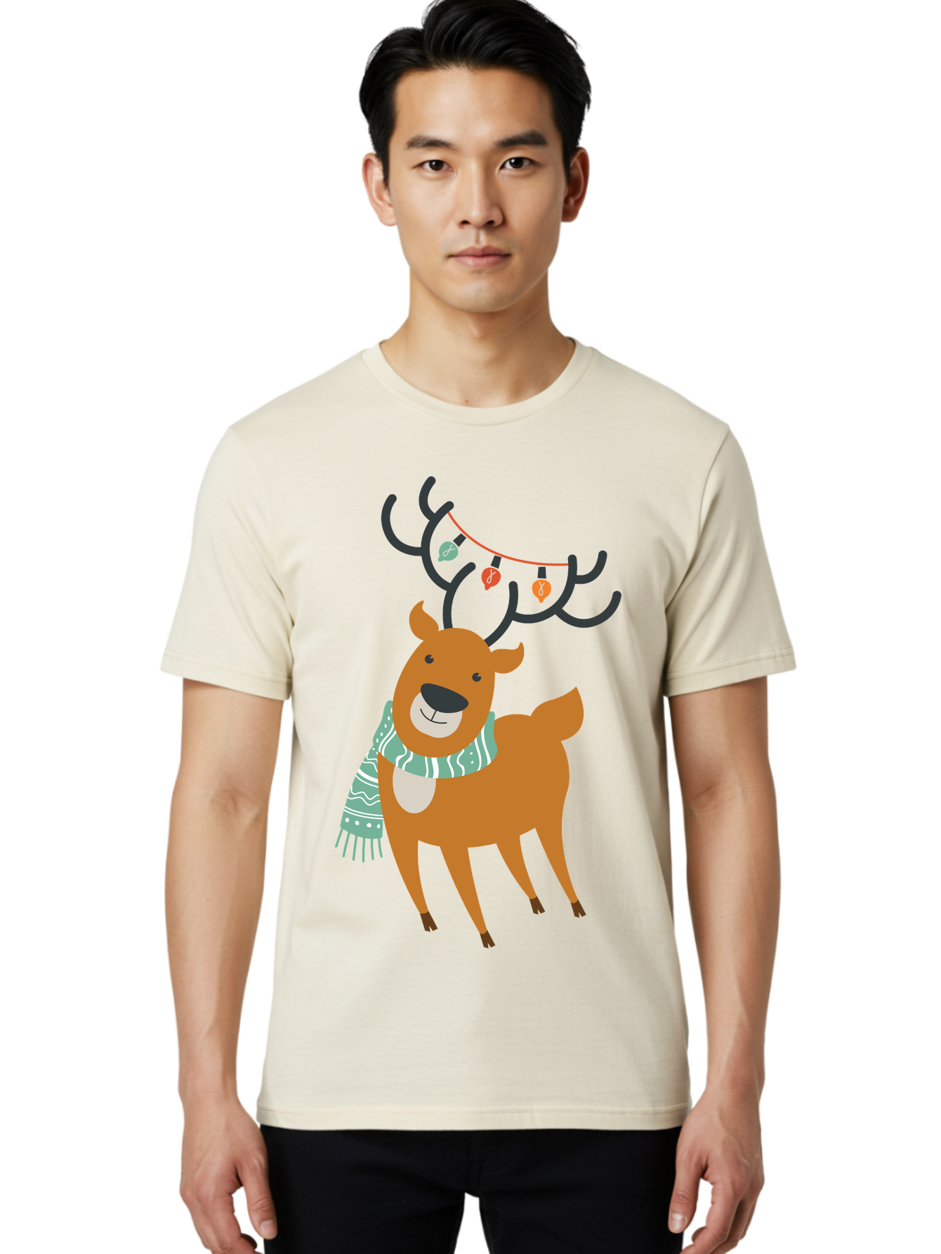 Reindeer-With-Scarf-And-Lights Men'S Graphic Tee, 100% Cotton, Comfortable Casual Summer Wear, Machine Washable, Holiday Reindeer, Christmas Decoration, Festive Scarf, String Lights, Cartoon Character, Winter Wonderland, Merry Christmas, Aad124 22