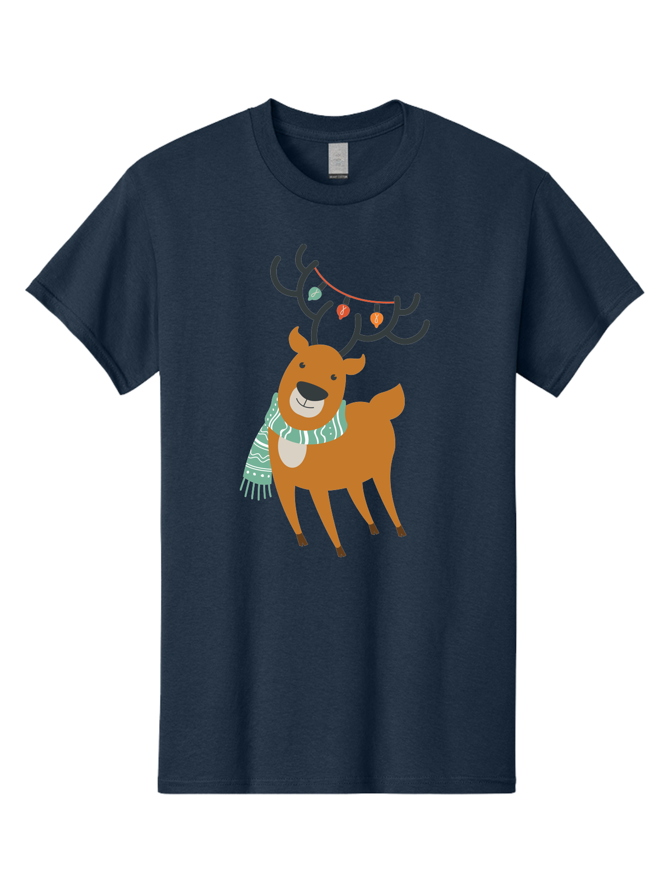 Reindeer-With-Scarf-And-Lights Men'S Graphic Tee, 100% Cotton, Comfortable Casual Summer Wear, Machine Washable, Holiday Reindeer, Christmas Decoration, Festive Scarf, String Lights, Cartoon Character, Winter Wonderland, Merry Christmas, Aad124 17