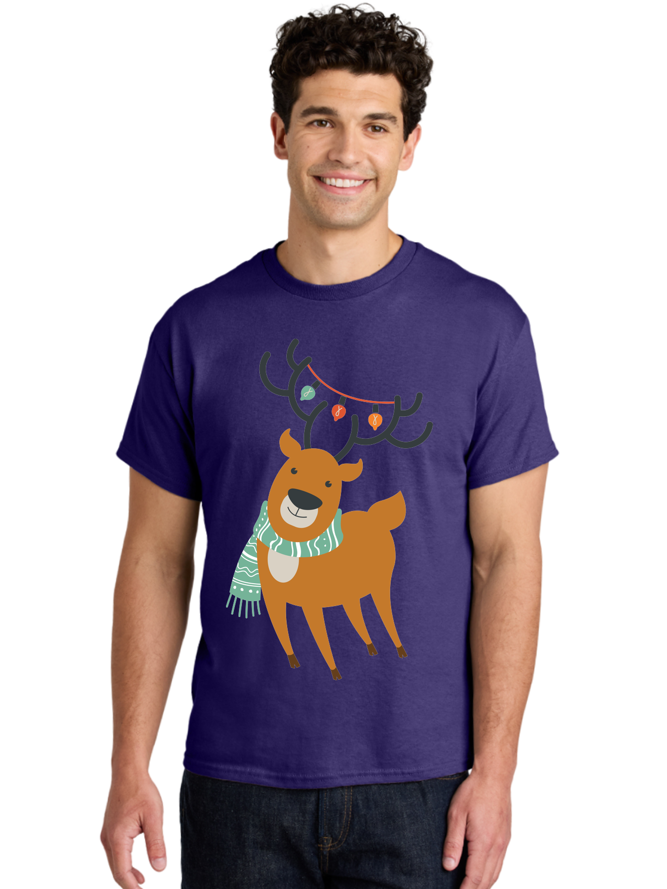 Reindeer-With-Scarf-And-Lights Men'S Graphic Tee, 100% Cotton, Comfortable Casual Summer Wear, Machine Washable, Holiday Reindeer, Christmas Decoration, Festive Scarf, String Lights, Cartoon Character, Winter Wonderland, Merry Christmas, Aad124 10