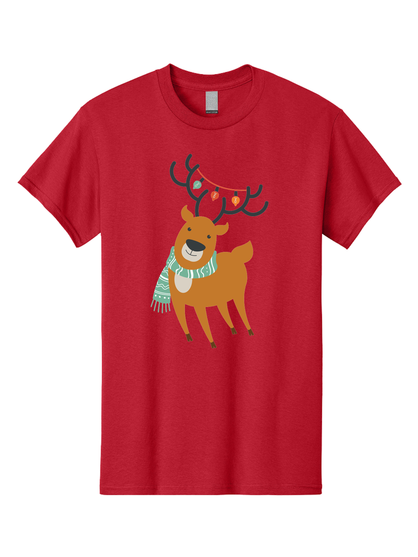 Reindeer-With-Scarf-And-Lights Men'S Graphic Tee, 100% Cotton, Comfortable Casual Summer Wear, Machine Washable, Holiday Reindeer, Christmas Decoration, Festive Scarf, String Lights, Cartoon Character, Winter Wonderland, Merry Christmas, Aad124 19