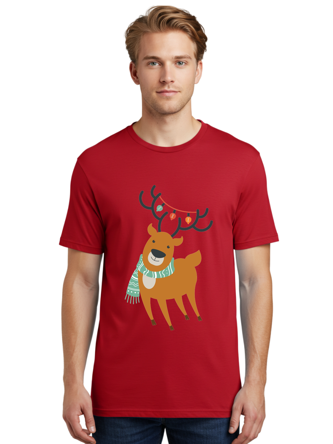 Reindeer-With-Scarf-And-Lights Men'S Graphic Tee, 100% Cotton, Comfortable Casual Summer Wear, Machine Washable, Holiday Reindeer, Christmas Decoration, Festive Scarf, String Lights, Cartoon Character, Winter Wonderland, Merry Christmas, Aad124 20