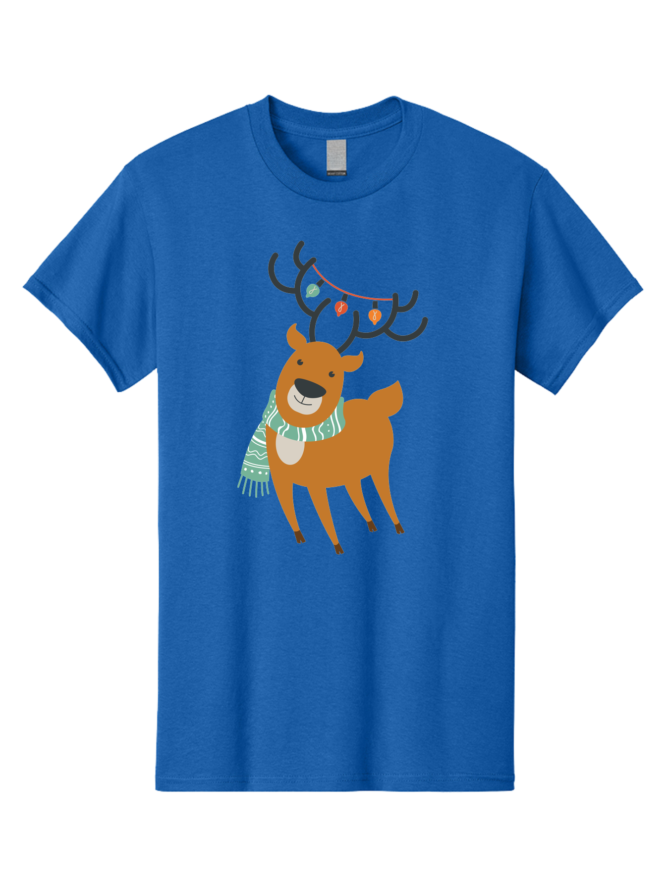 Reindeer-With-Scarf-And-Lights Men'S Graphic Tee, 100% Cotton, Comfortable Casual Summer Wear, Machine Washable, Holiday Reindeer, Christmas Decoration, Festive Scarf, String Lights, Cartoon Character, Winter Wonderland, Merry Christmas, Aad124 15