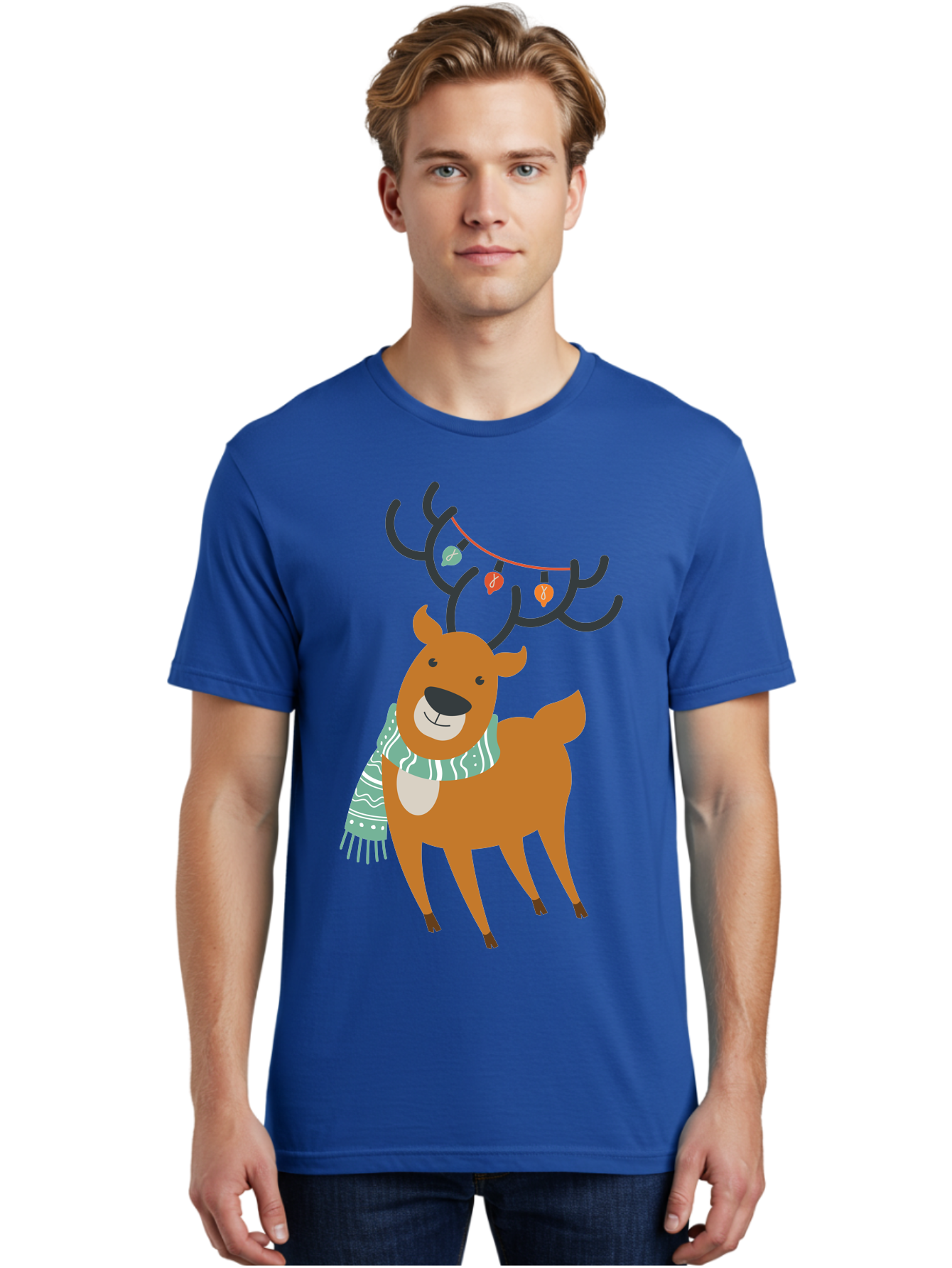 Reindeer-With-Scarf-And-Lights Men'S Graphic Tee, 100% Cotton, Comfortable Casual Summer Wear, Machine Washable, Holiday Reindeer, Christmas Decoration, Festive Scarf, String Lights, Cartoon Character, Winter Wonderland, Merry Christmas, Aad124 16