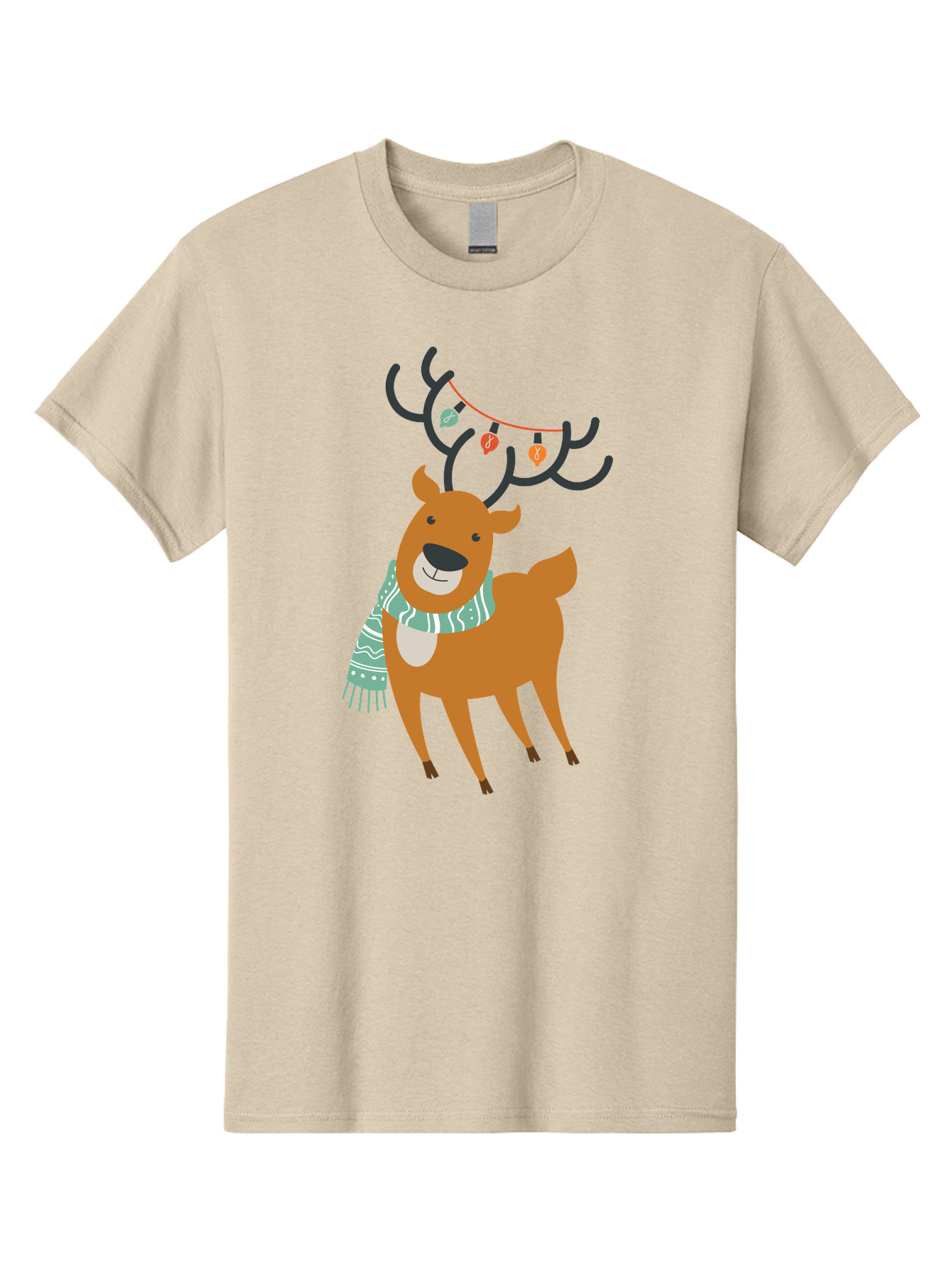 Reindeer-With-Scarf-And-Lights Men'S Graphic Tee, 100% Cotton, Comfortable Casual Summer Wear, Machine Washable, Holiday Reindeer, Christmas Decoration, Festive Scarf, String Lights, Cartoon Character, Winter Wonderland, Merry Christmas, Aad124 29