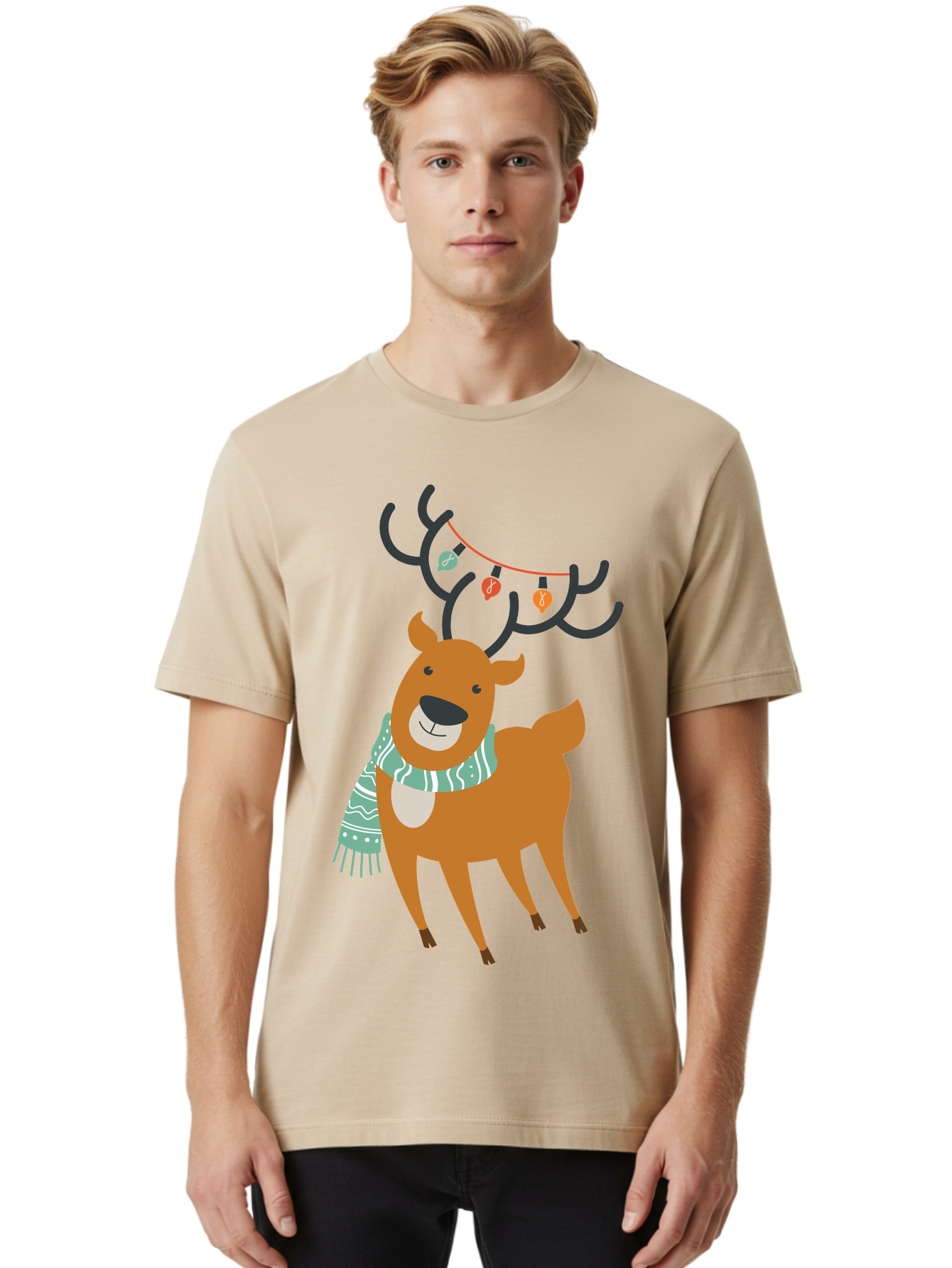 Reindeer-With-Scarf-And-Lights Men'S Graphic Tee, 100% Cotton, Comfortable Casual Summer Wear, Machine Washable, Holiday Reindeer, Christmas Decoration, Festive Scarf, String Lights, Cartoon Character, Winter Wonderland, Merry Christmas, Aad124 30
