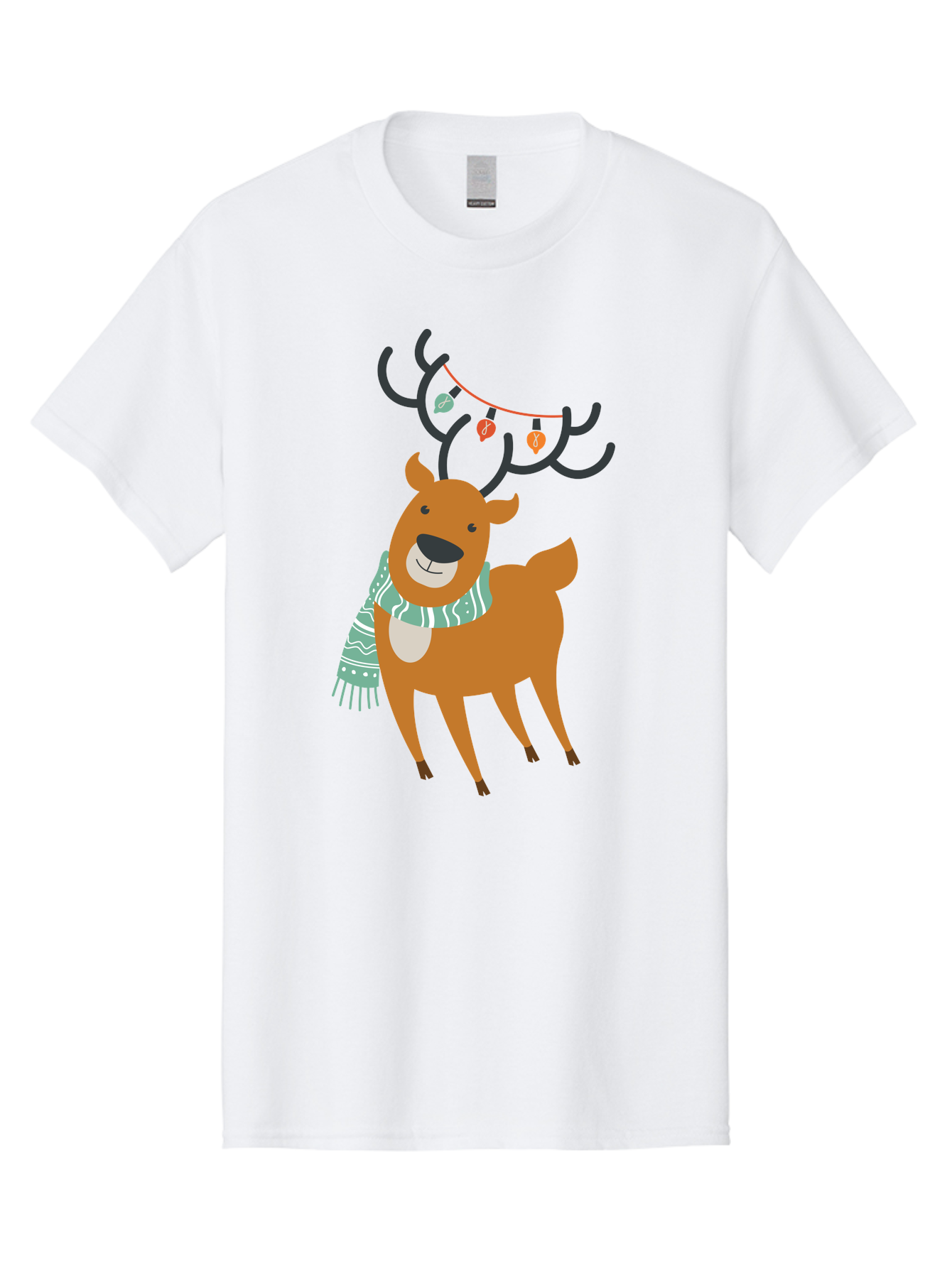 Reindeer-With-Scarf-And-Lights Men'S Graphic Tee, 100% Cotton, Comfortable Casual Summer Wear, Machine Washable, Holiday Reindeer, Christmas Decoration, Festive Scarf, String Lights, Cartoon Character, Winter Wonderland, Merry Christmas, Aad124 13