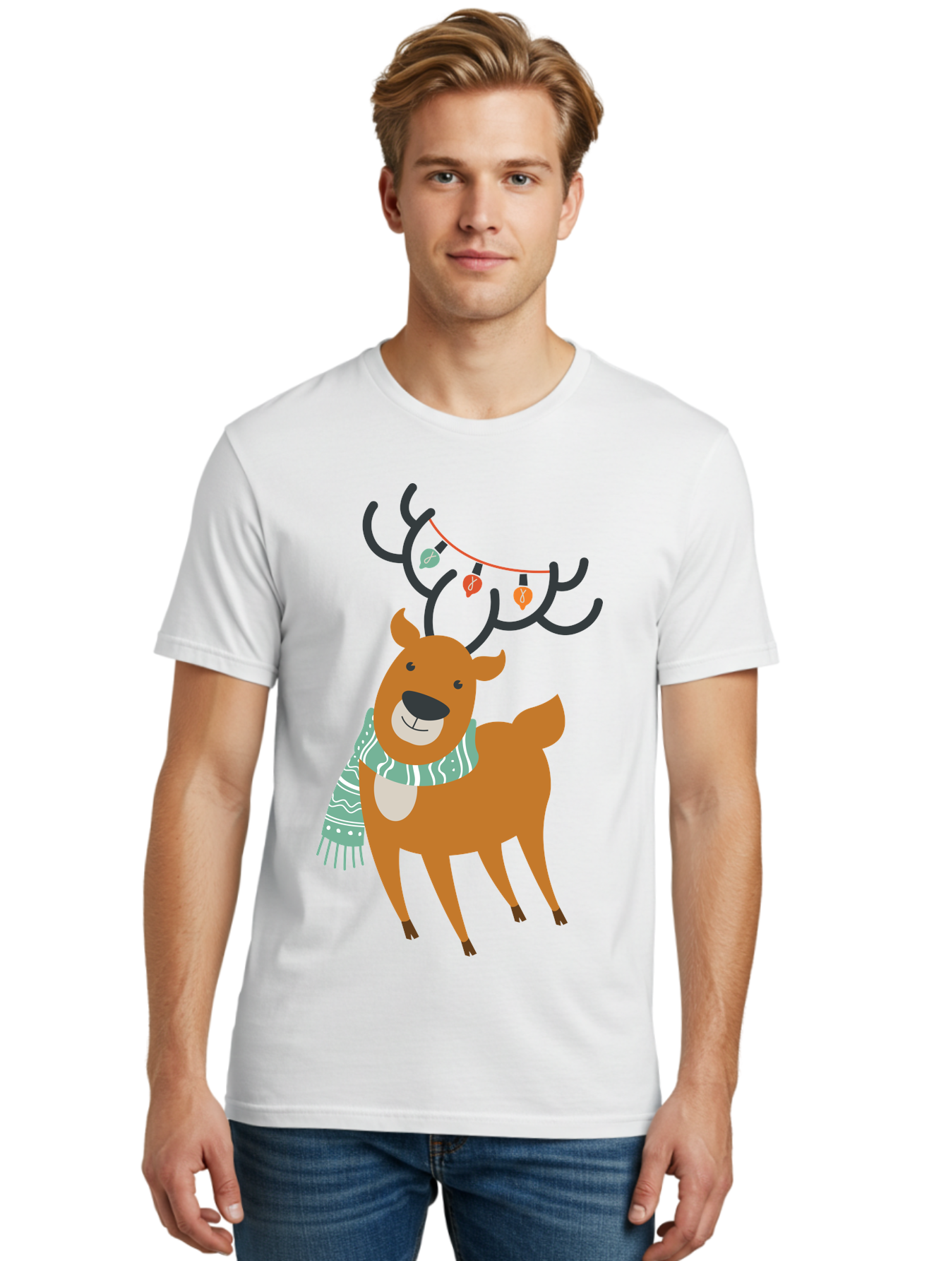 Reindeer-With-Scarf-And-Lights Men'S Graphic Tee, 100% Cotton, Comfortable Casual Summer Wear, Machine Washable, Holiday Reindeer, Christmas Decoration, Festive Scarf, String Lights, Cartoon Character, Winter Wonderland, Merry Christmas, Aad124 14