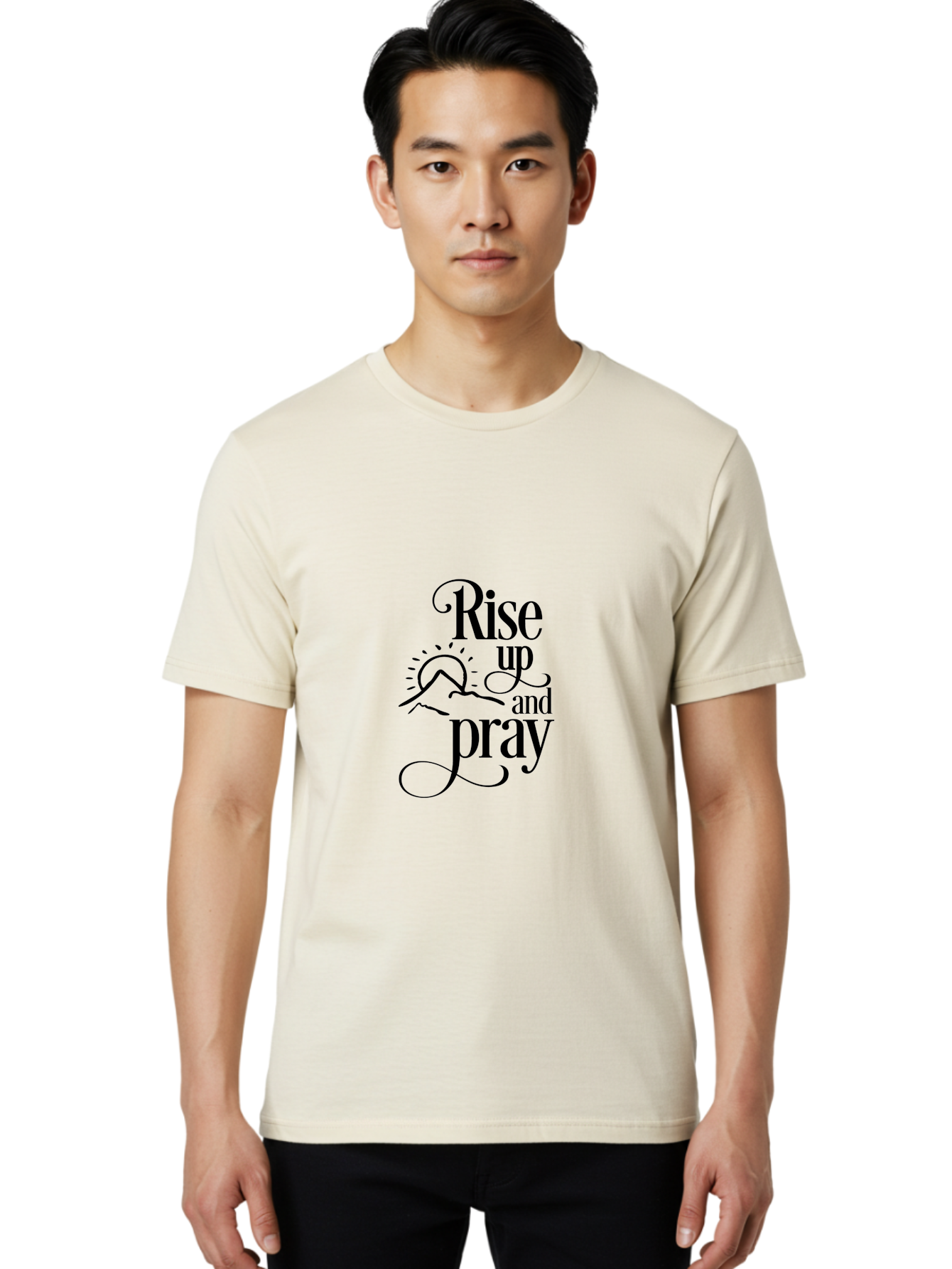 Rise-Up-And-Pray Men'S Graphic Tee, 100% Cotton, Comfortable Casual Summer Wear, Machine Washable, Inspirational Quote, Motivational Phrase, Rise Up And Pray, Morning Prayer, Sunrise, Mountains, Faith, Spirituality Aad130 2