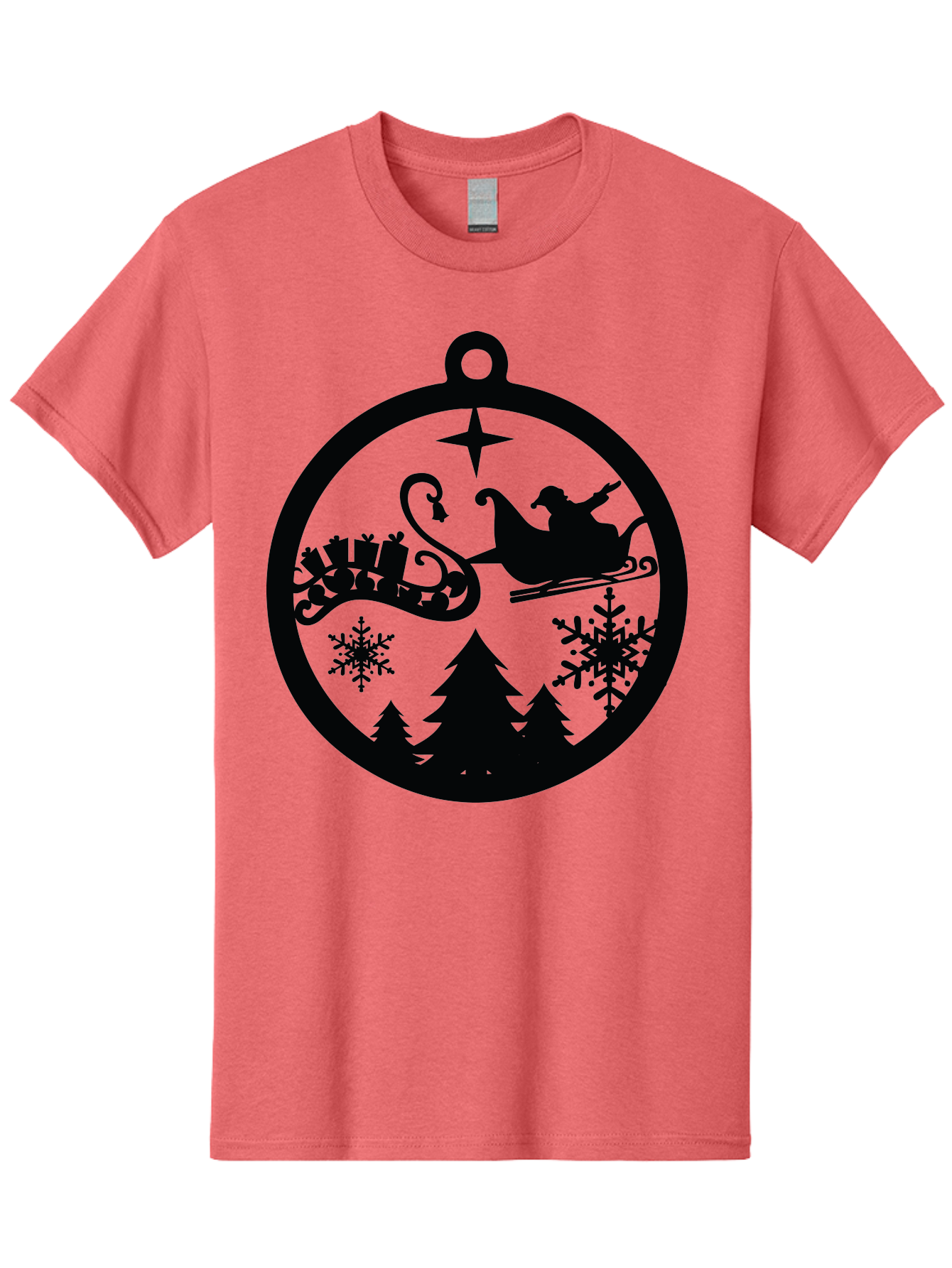 Santa-Sleigh-Ornament Men'S Graphic Tee, 100% Cotton, Comfortable Casual Summer Wear, Machine Washable, Santa Sleigh, Christmas Ornament, Festive Silhouette, Winter Wonderland, Holiday Decor, Santa Claus, Snowflakes, Christmas Trees Aad138 1