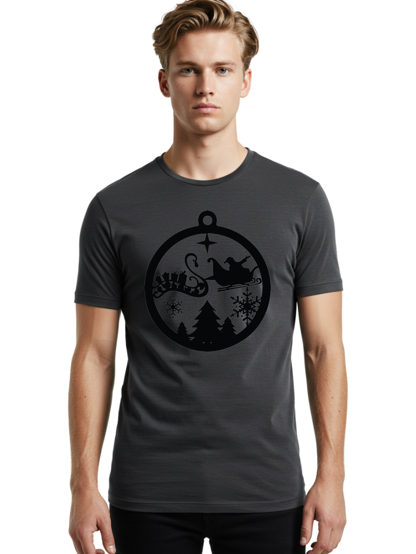 Santa-Sleigh-Ornament Men'S Graphic Tee, 100% Cotton, Comfortable Casual Summer Wear, Machine Washable, Santa Sleigh, Christmas Ornament, Festive Silhouette, Winter Wonderland, Holiday Decor, Santa Claus, Snowflakes, Christmas Trees Aad138 18