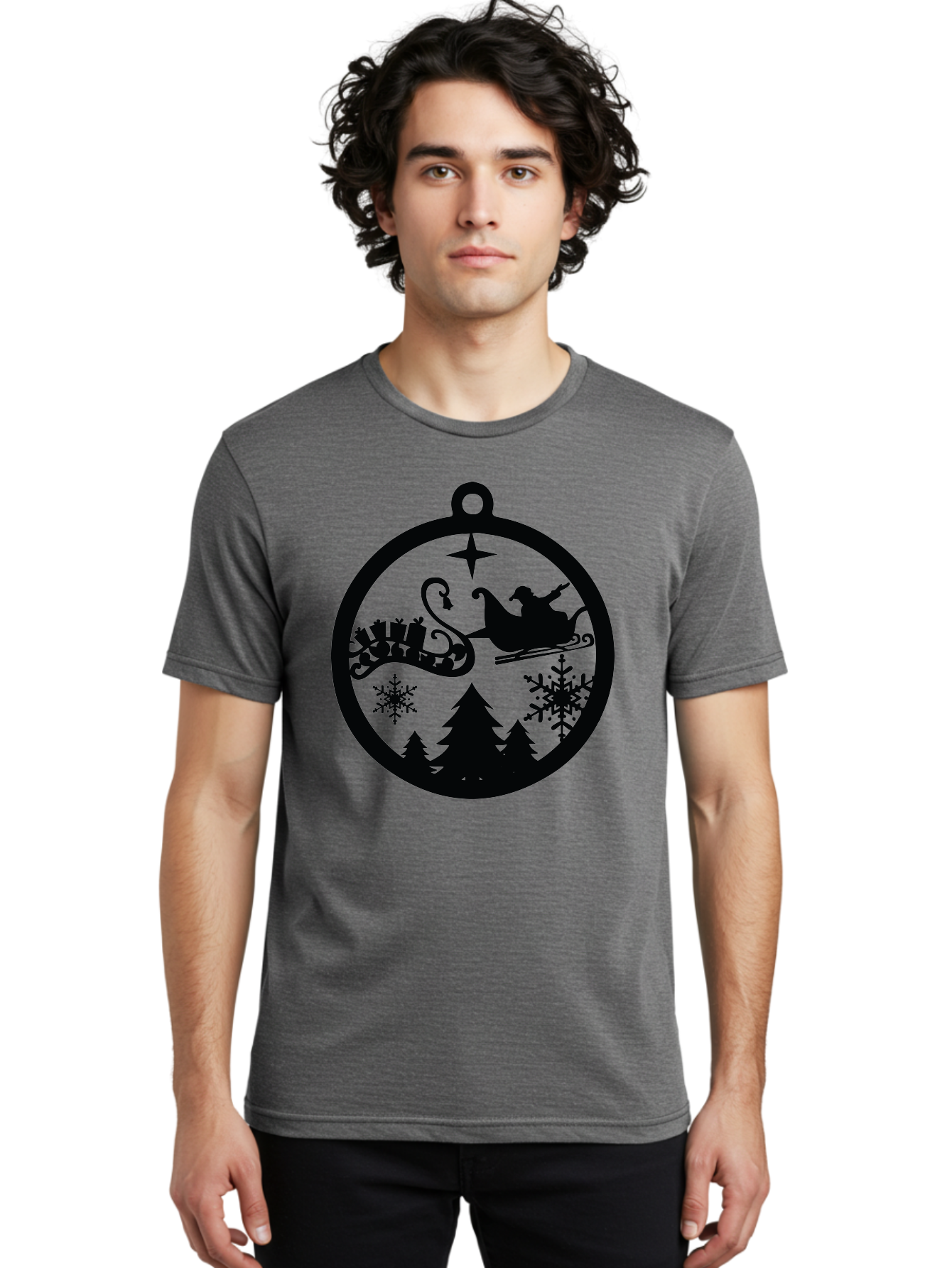 Santa-Sleigh-Ornament Men'S Graphic Tee, 100% Cotton, Comfortable Casual Summer Wear, Machine Washable, Santa Sleigh, Christmas Ornament, Festive Silhouette, Winter Wonderland, Holiday Decor, Santa Claus, Snowflakes, Christmas Trees Aad138 30