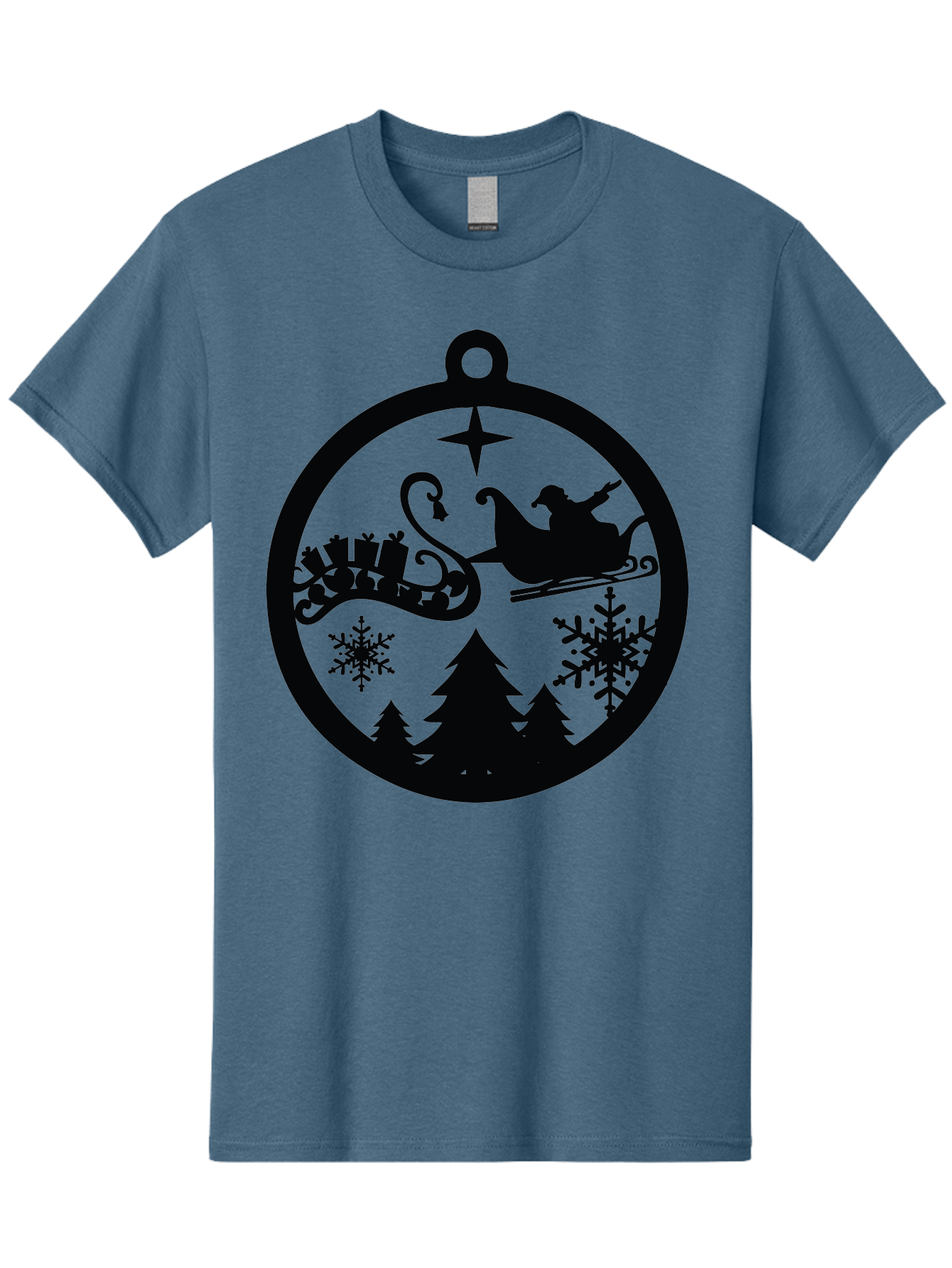 Santa-Sleigh-Ornament Men'S Graphic Tee, 100% Cotton, Comfortable Casual Summer Wear, Machine Washable, Santa Sleigh, Christmas Ornament, Festive Silhouette, Winter Wonderland, Holiday Decor, Santa Claus, Snowflakes, Christmas Trees Aad138 9