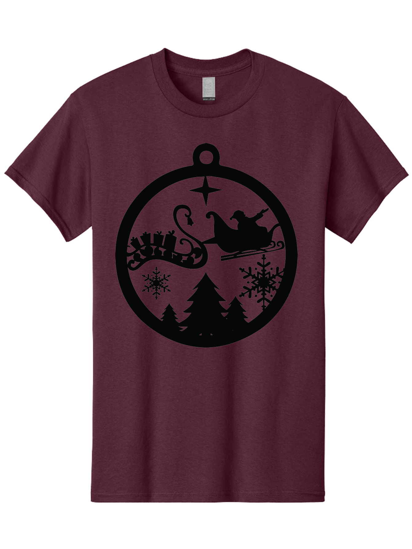 Santa-Sleigh-Ornament Men'S Graphic Tee, 100% Cotton, Comfortable Casual Summer Wear, Machine Washable, Santa Sleigh, Christmas Ornament, Festive Silhouette, Winter Wonderland, Holiday Decor, Santa Claus, Snowflakes, Christmas Trees Aad138 3