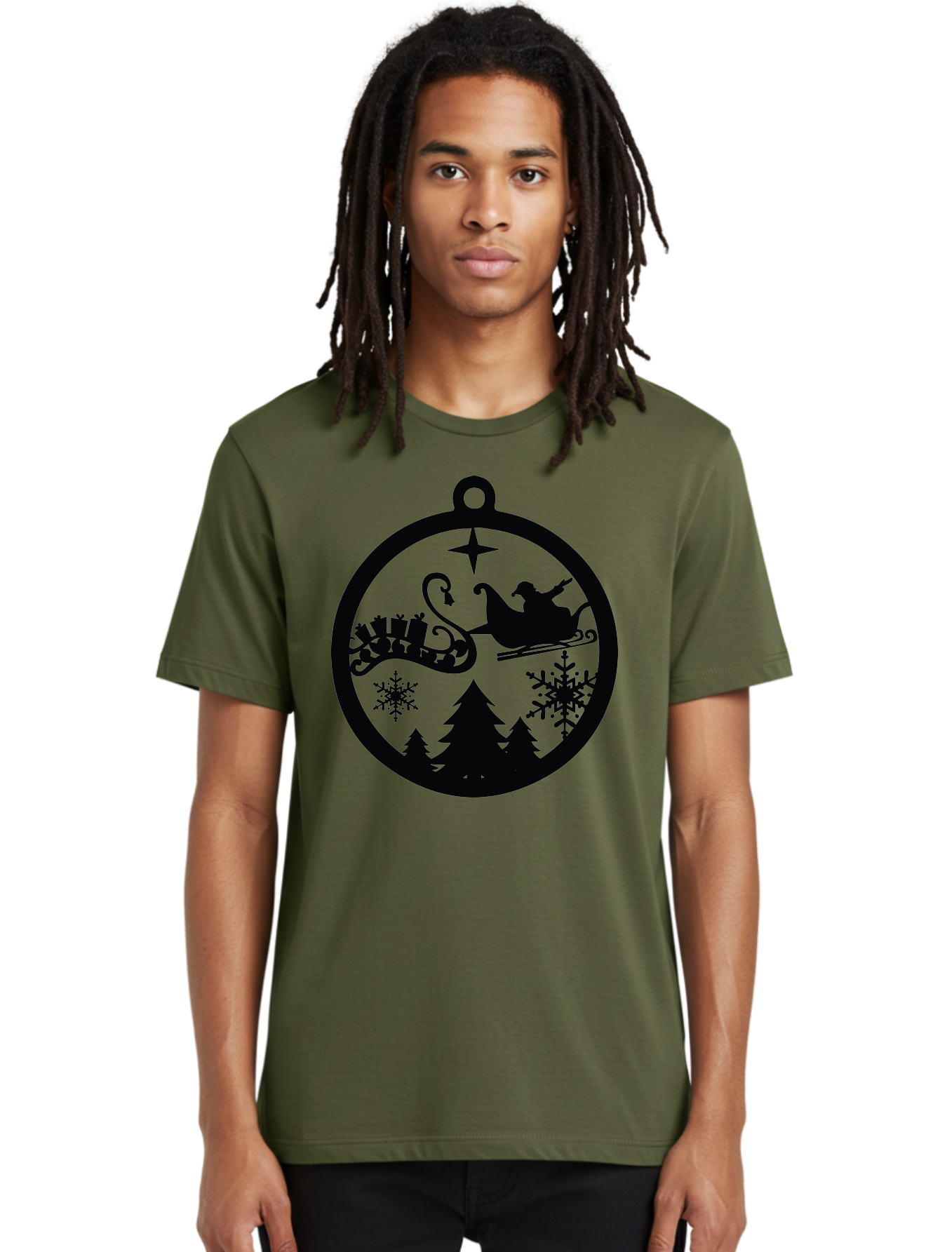 Santa-Sleigh-Ornament Men'S Graphic Tee, 100% Cotton, Comfortable Casual Summer Wear, Machine Washable, Santa Sleigh, Christmas Ornament, Festive Silhouette, Winter Wonderland, Holiday Decor, Santa Claus, Snowflakes, Christmas Trees Aad138 24