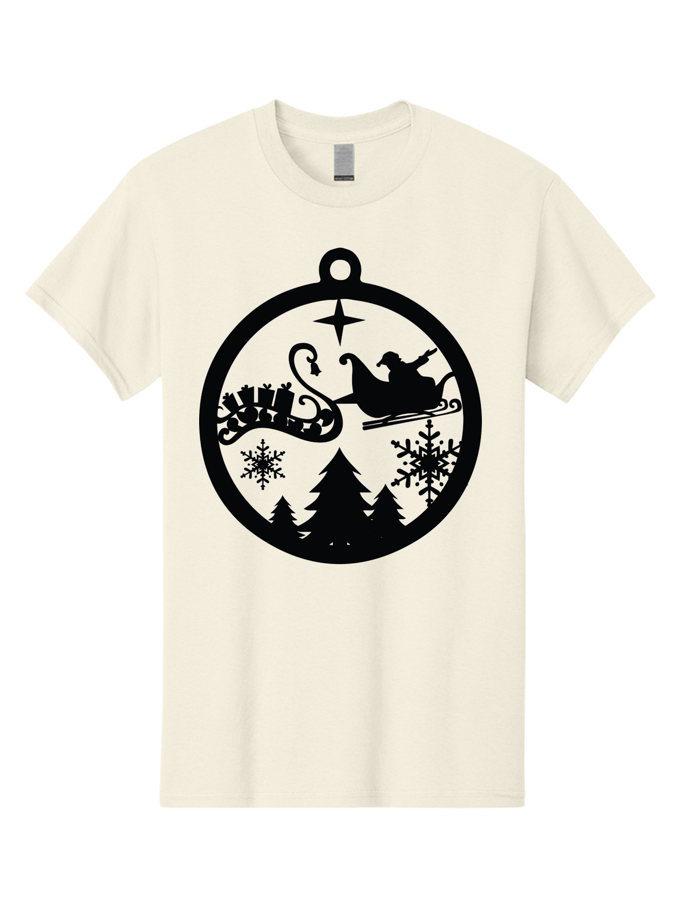 Santa-Sleigh-Ornament Men'S Graphic Tee, 100% Cotton, Comfortable Casual Summer Wear, Machine Washable, Santa Sleigh, Christmas Ornament, Festive Silhouette, Winter Wonderland, Holiday Decor, Santa Claus, Snowflakes, Christmas Trees Aad138 11