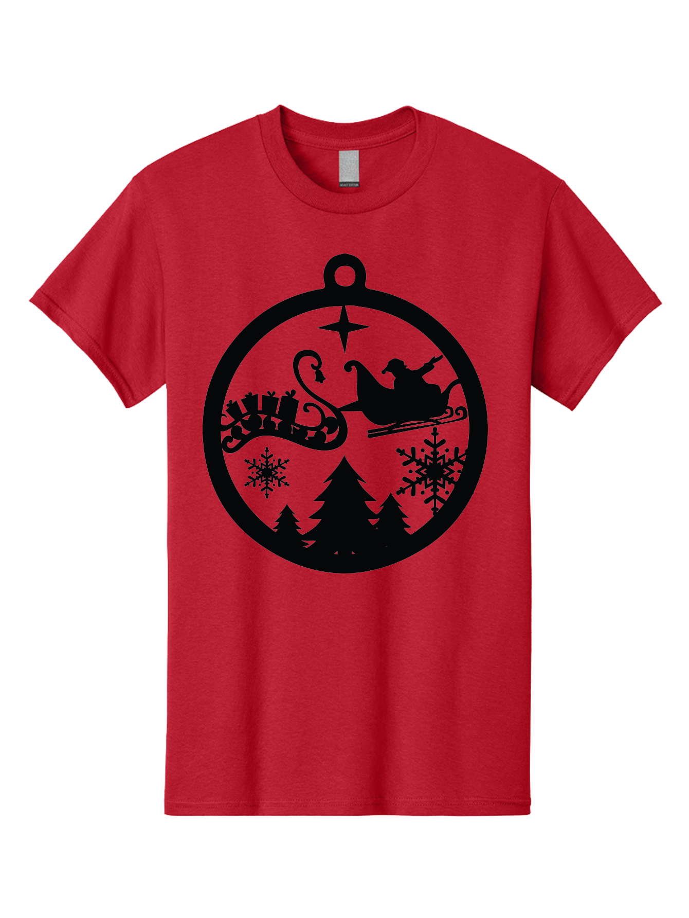 Santa-Sleigh-Ornament Men'S Graphic Tee, 100% Cotton, Comfortable Casual Summer Wear, Machine Washable, Santa Sleigh, Christmas Ornament, Festive Silhouette, Winter Wonderland, Holiday Decor, Santa Claus, Snowflakes, Christmas Trees Aad138 7