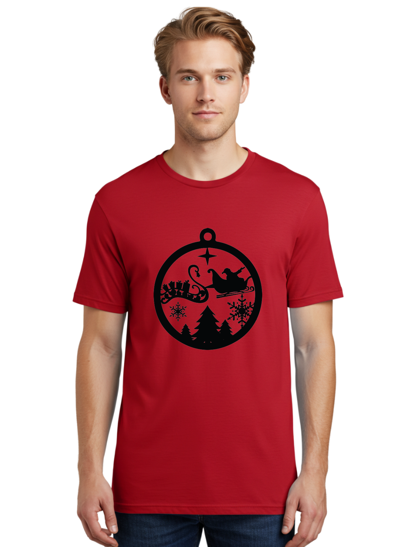 Santa-Sleigh-Ornament Men'S Graphic Tee, 100% Cotton, Comfortable Casual Summer Wear, Machine Washable, Santa Sleigh, Christmas Ornament, Festive Silhouette, Winter Wonderland, Holiday Decor, Santa Claus, Snowflakes, Christmas Trees Aad138 8