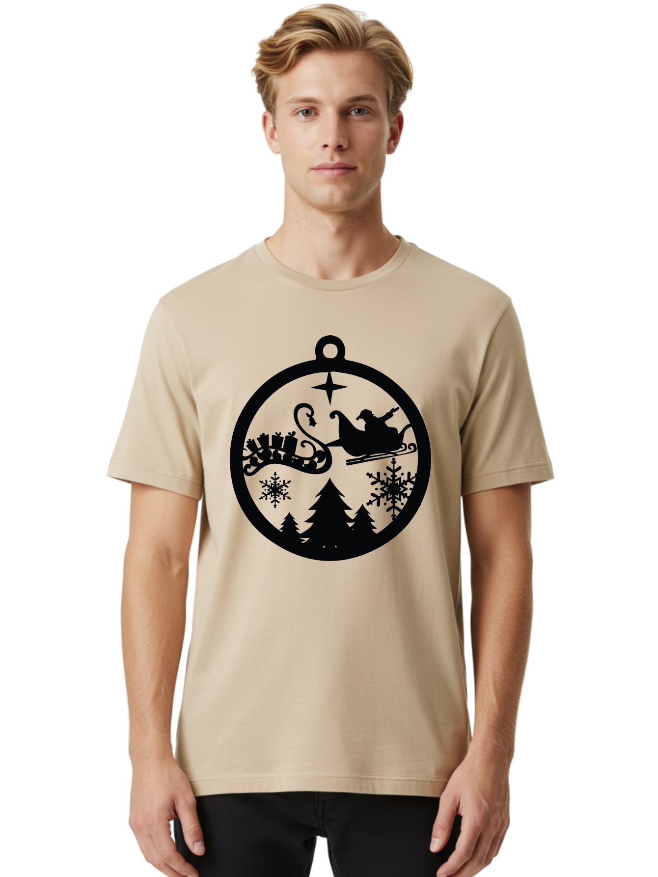 Santa-Sleigh-Ornament Men'S Graphic Tee, 100% Cotton, Comfortable Casual Summer Wear, Machine Washable, Santa Sleigh, Christmas Ornament, Festive Silhouette, Winter Wonderland, Holiday Decor, Santa Claus, Snowflakes, Christmas Trees Aad138 14