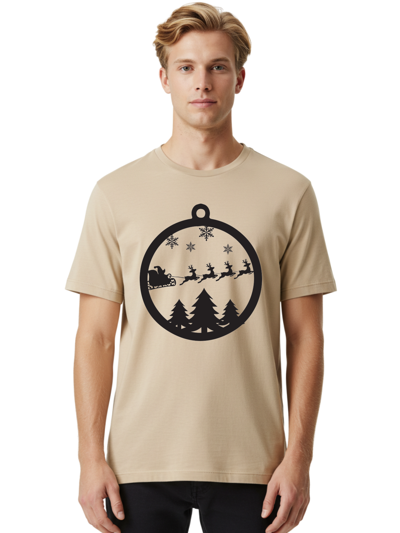 Santa-Sleigh-Silhouette Men'S Graphic Tee, 100% Cotton, Comfortable Casual Summer Wear, Machine Washable, Sleigh, Santa Claus, Reindeer, Snowy Night, Festive Trees, Holiday Decoration, Christmas Ornament, Winter Scene, Festive Atmosphere, Aad139 6