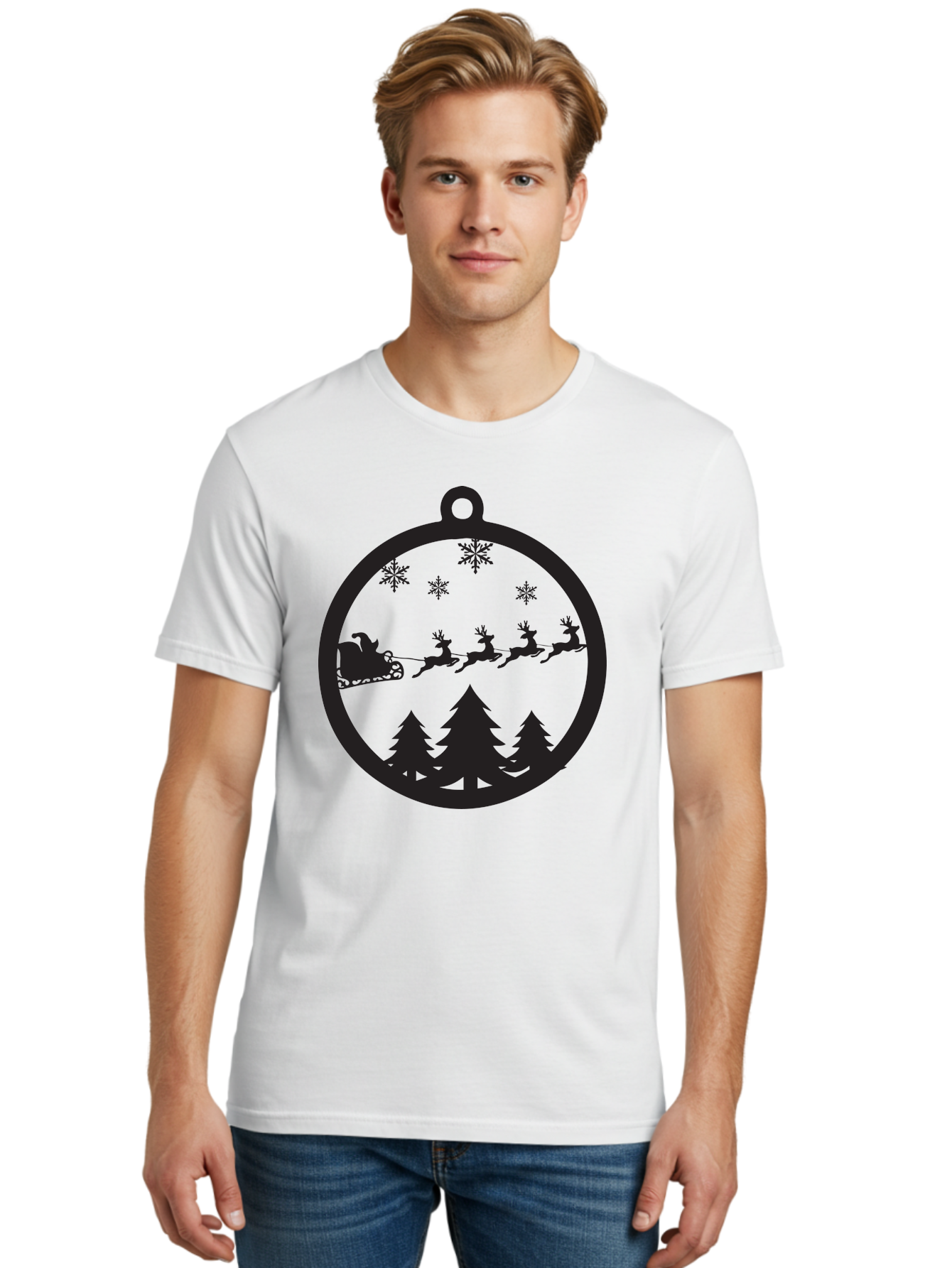 Santa-Sleigh-Silhouette Men'S Graphic Tee, 100% Cotton, Comfortable Casual Summer Wear, Machine Washable, Sleigh, Santa Claus, Reindeer, Snowy Night, Festive Trees, Holiday Decoration, Christmas Ornament, Winter Scene, Festive Atmosphere, Aad139 18