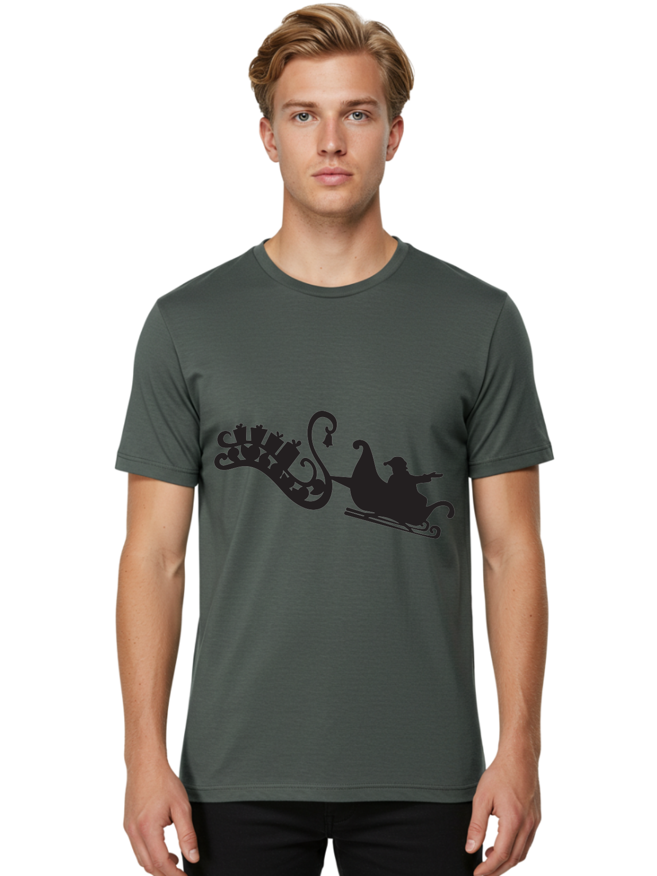 Santa-Sleigh Men'S Graphic Tee, 100% Cotton, Comfortable Casual Summer Wear, Machine Washable, Sleigh Silhouette, Santa Claus, Christmas Gifts, Festive Season, Holiday Cheer, Winter Wonderland, Jolly Old Elf, Gift Giving, Christmas Magic, Aad140 16
