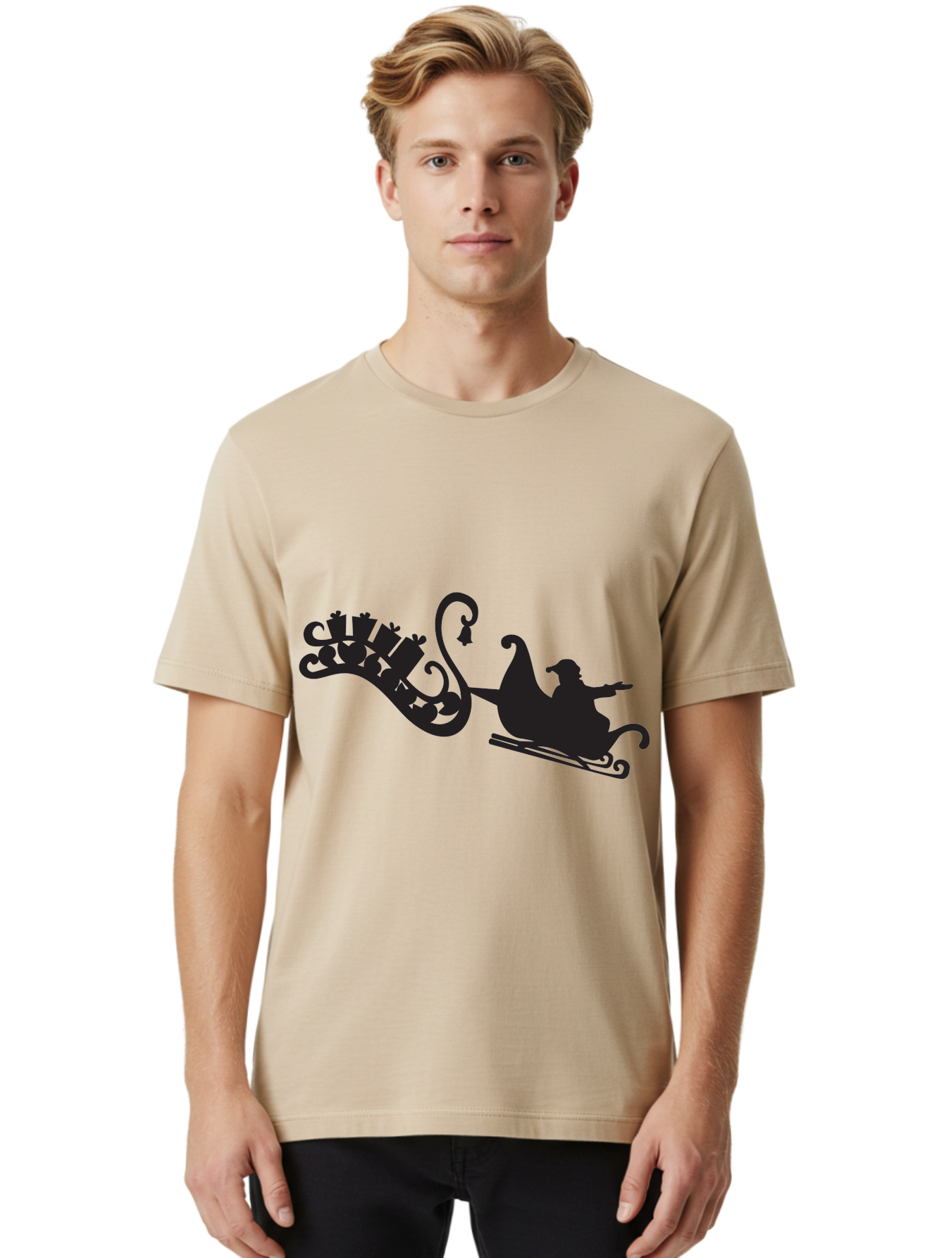 Santa-Sleigh Men'S Graphic Tee, 100% Cotton, Comfortable Casual Summer Wear, Machine Washable, Sleigh Silhouette, Santa Claus, Christmas Gifts, Festive Season, Holiday Cheer, Winter Wonderland, Jolly Old Elf, Gift Giving, Christmas Magic, Aad140 30