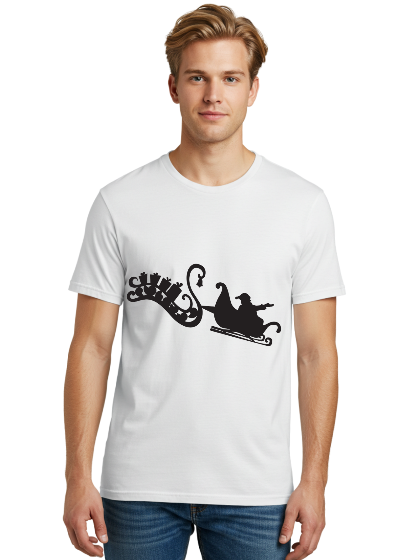 Santa-Sleigh Men'S Graphic Tee, 100% Cotton, Comfortable Casual Summer Wear, Machine Washable, Sleigh Silhouette, Santa Claus, Christmas Gifts, Festive Season, Holiday Cheer, Winter Wonderland, Jolly Old Elf, Gift Giving, Christmas Magic, Aad140 20