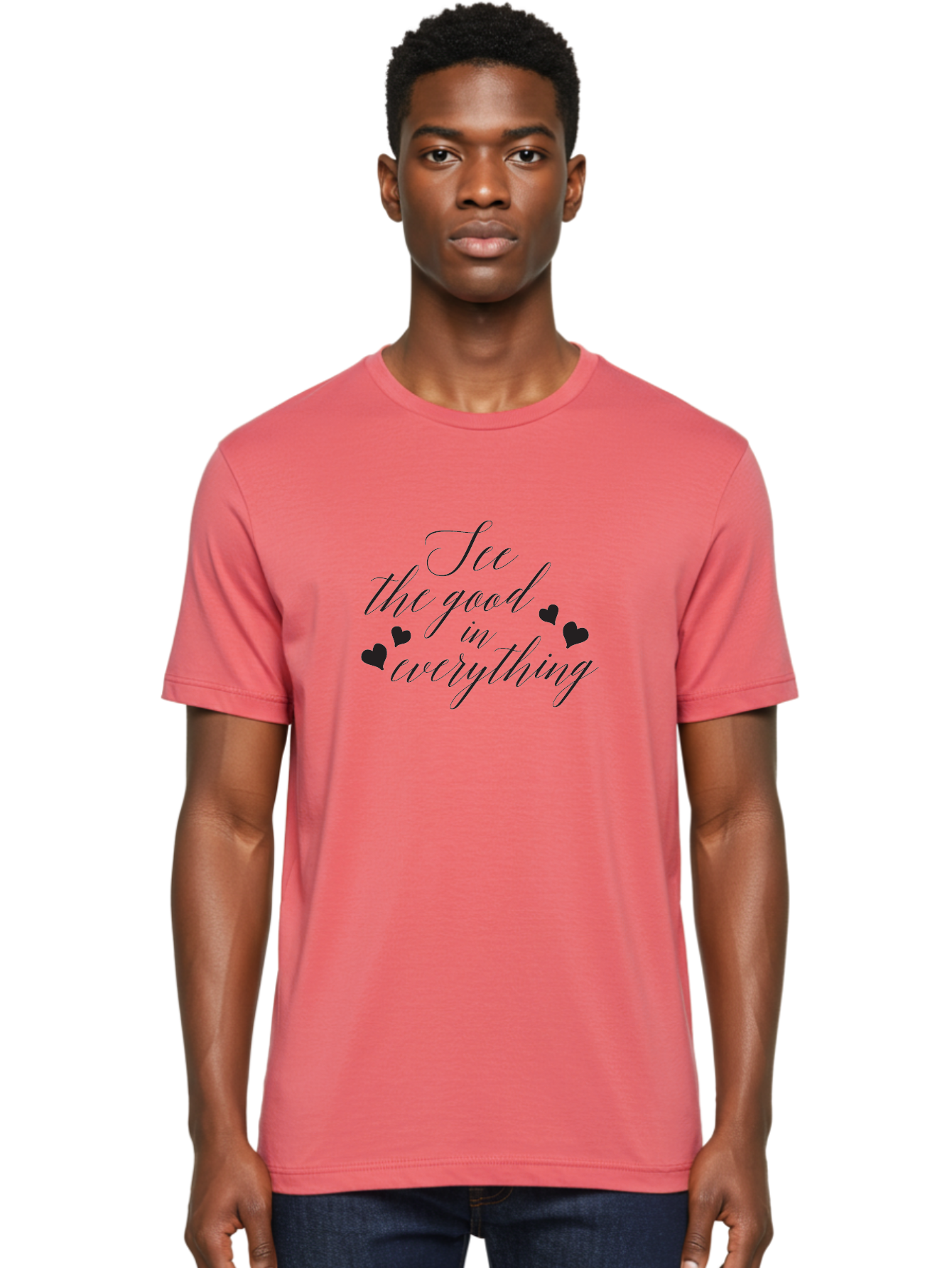 See-The-Good-In-Everything Men'S Graphic Tee, 100% Cotton, Comfortable Casual Summer Wear, Machine Washable, Inspirational Quote, Motivational Text, Positive Vibes, Good Vibes, Loving Message, See The Good, Cursive Text, Love Hearts Aad146 6