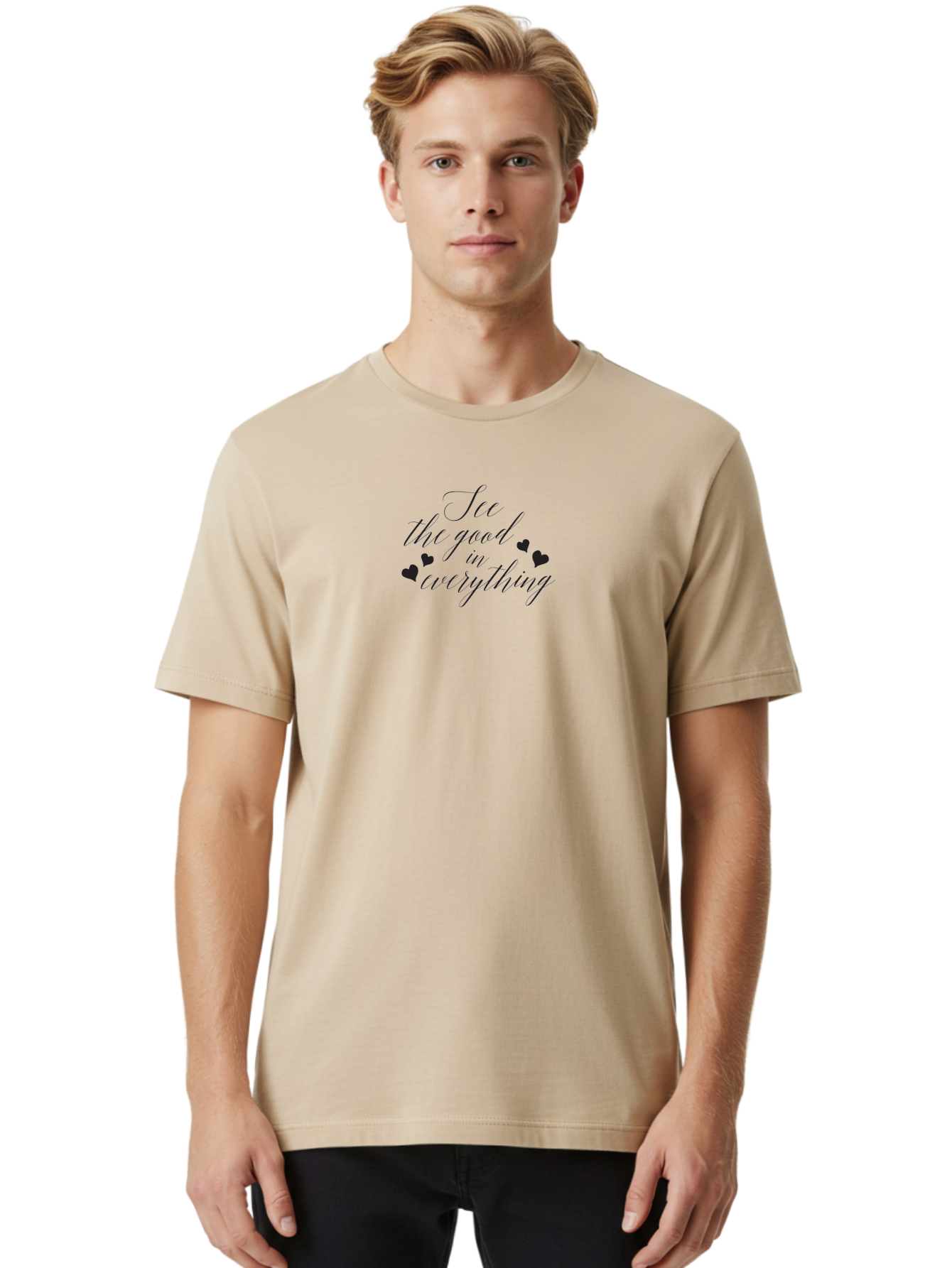 See-The-Good-In-Everything Men'S Graphic Tee, 100% Cotton, Comfortable Casual Summer Wear, Machine Washable, Inspirational Quote, Motivational Text, Positive Vibes, Good Vibes, Loving Message, See The Good, Cursive Text, Love Hearts Aad146 4