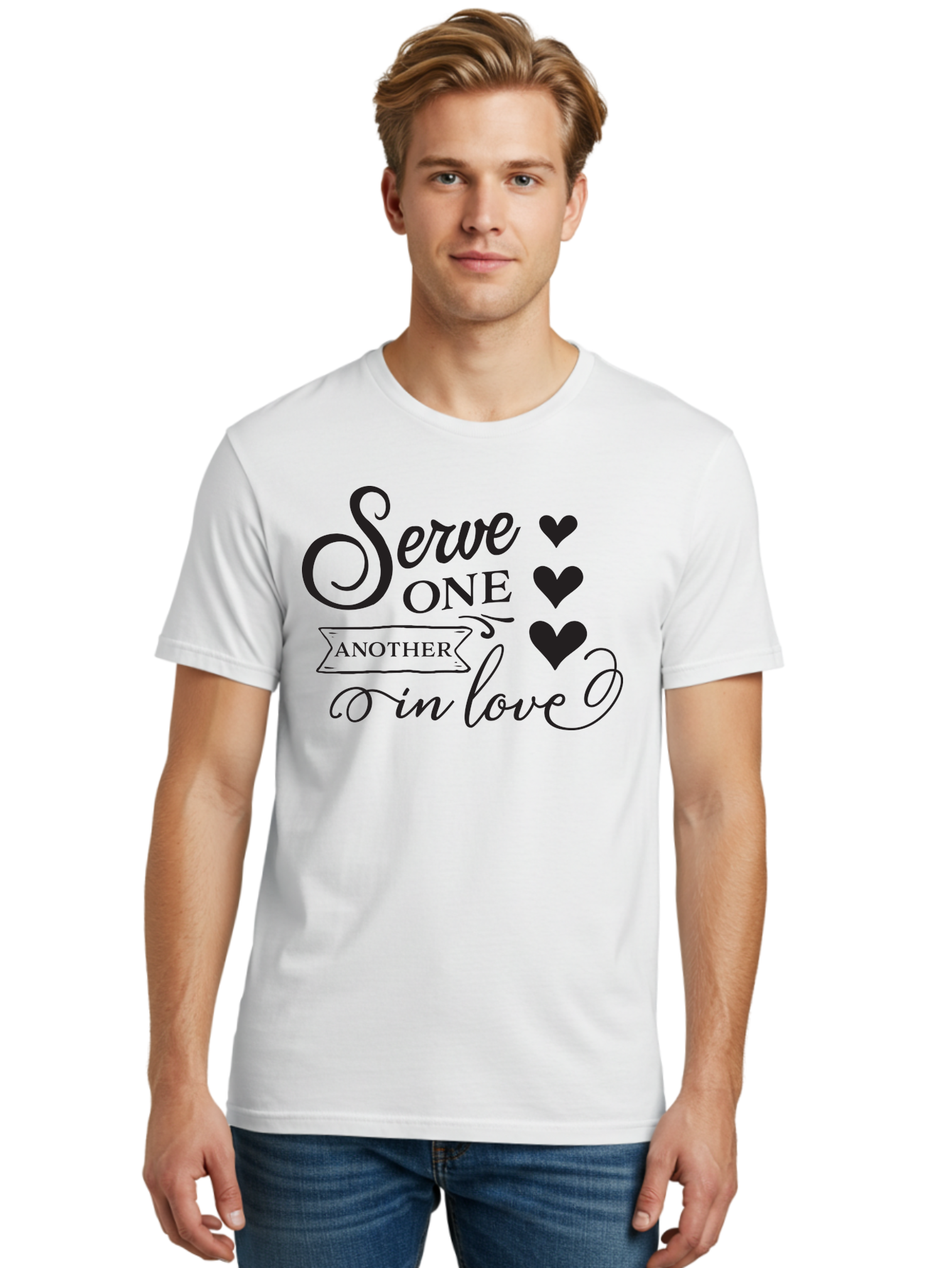 Serve-One-Another-In-Love Men'S Graphic Tee, 100% Cotton, Comfortable Casual Summer Wear, Machine Washable, Serve One Another, Love Message, Heartwarming Quote, Inspirational Saying, Kindness Reminder, Black Hearts, Typography Art Aad148 28