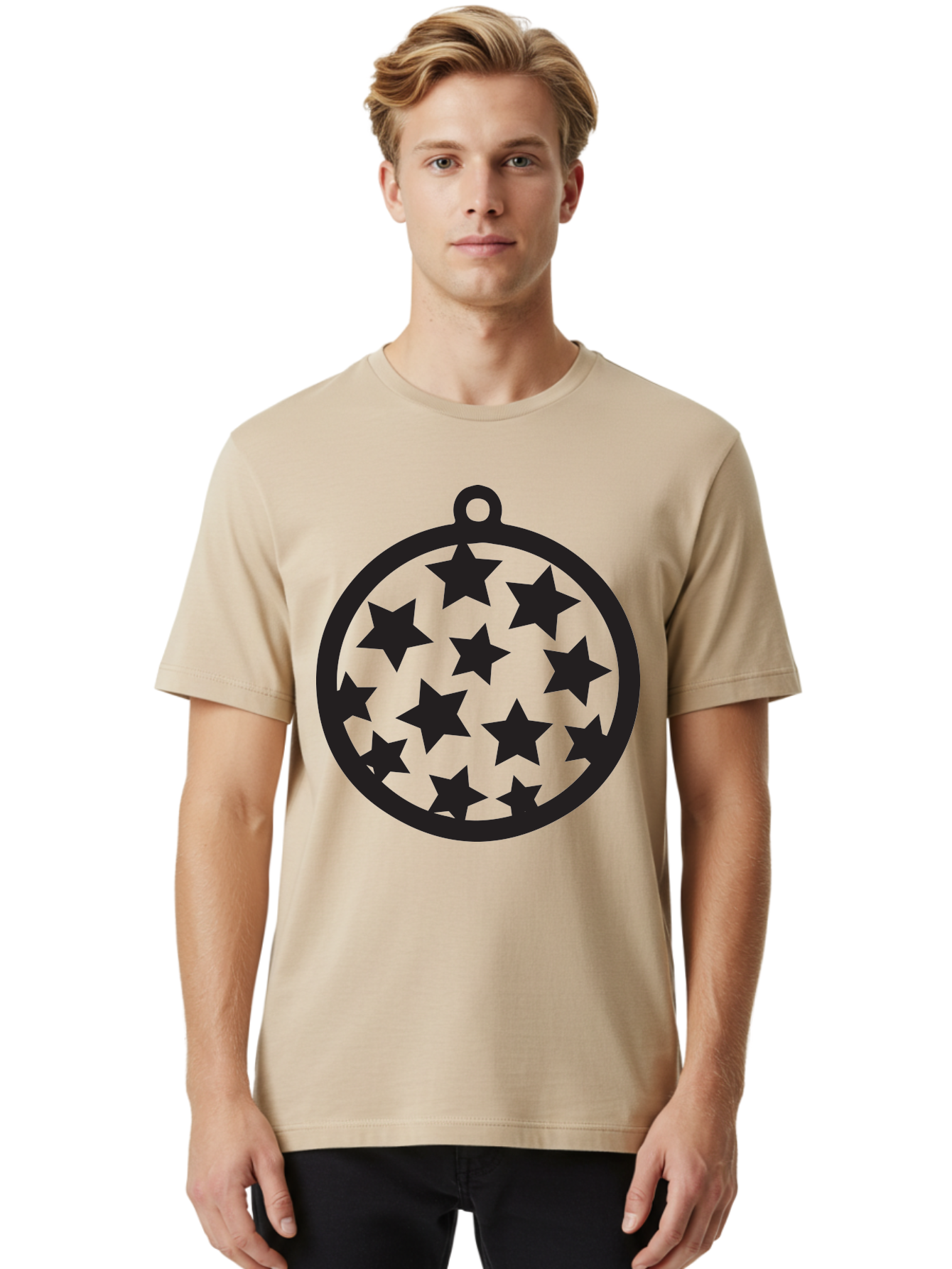 Seven-Star-Ball Men'S Graphic Tee, 100% Cotton, Comfortable Casual Summer Wear, Machine Washable, Seven Stars, Black Stars, Circular Frame, Ornament Design, Christmas Decoration, Festive Symbol, Star Pattern, Magic Symbol, Mystical Design Aad149 16
