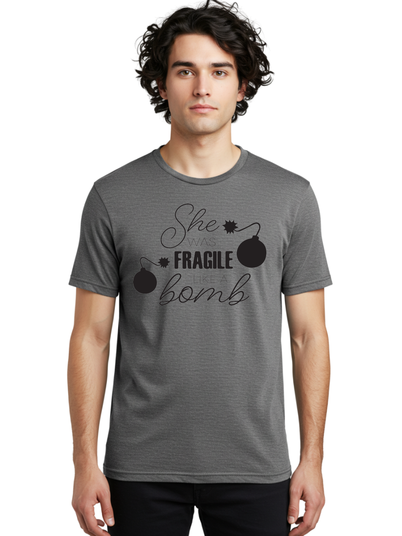 She-Was-Fragile-Like-A-Bomb Men'S Graphic Tee, 100% Cotton, Comfortable Casual Summer Wear, Machine Washable, Inspirational Quote, Motivational Phrase, Strong Women, Empowerment Message, Bomb Illustration, Powerful Graphics, Female Strength, Aad157 18
