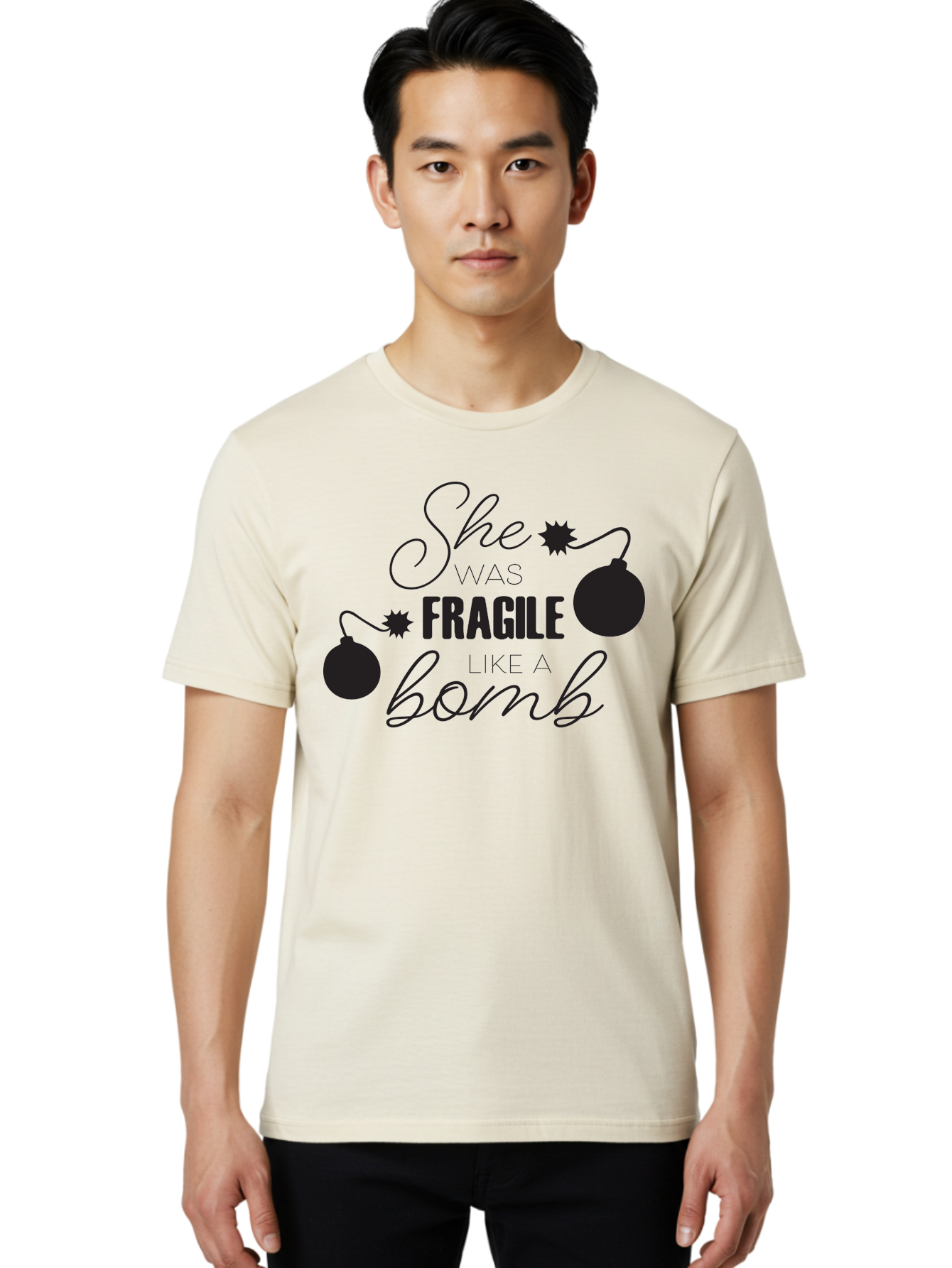 She-Was-Fragile-Like-A-Bomb Men'S Graphic Tee, 100% Cotton, Comfortable Casual Summer Wear, Machine Washable, Inspirational Quote, Motivational Phrase, Strong Women, Empowerment Message, Bomb Illustration, Powerful Graphics, Female Strength, Aad157 24