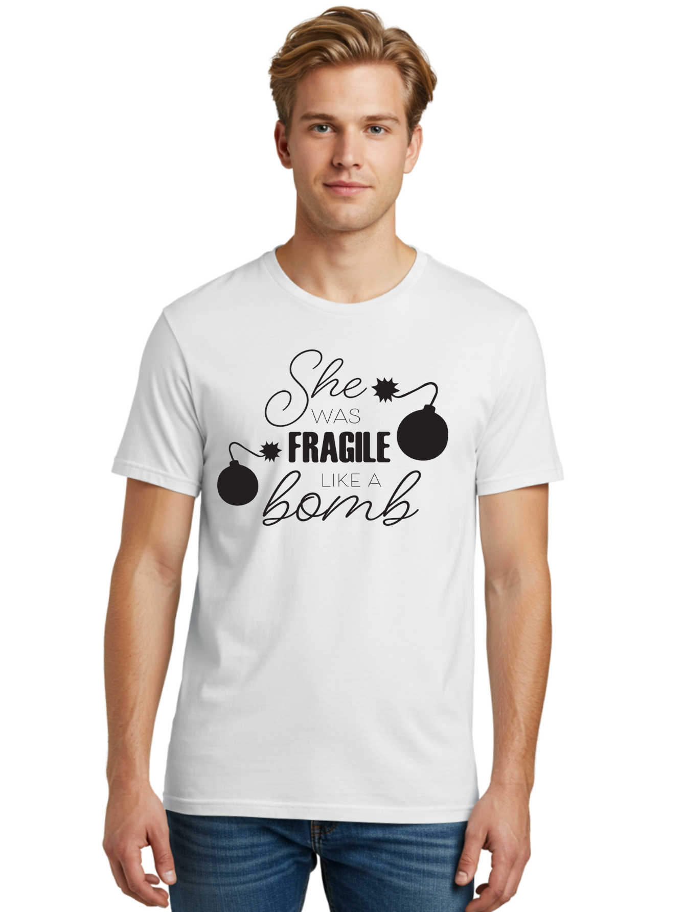 She-Was-Fragile-Like-A-Bomb Men'S Graphic Tee, 100% Cotton, Comfortable Casual Summer Wear, Machine Washable, Inspirational Quote, Motivational Phrase, Strong Women, Empowerment Message, Bomb Illustration, Powerful Graphics, Female Strength, Aad157 6