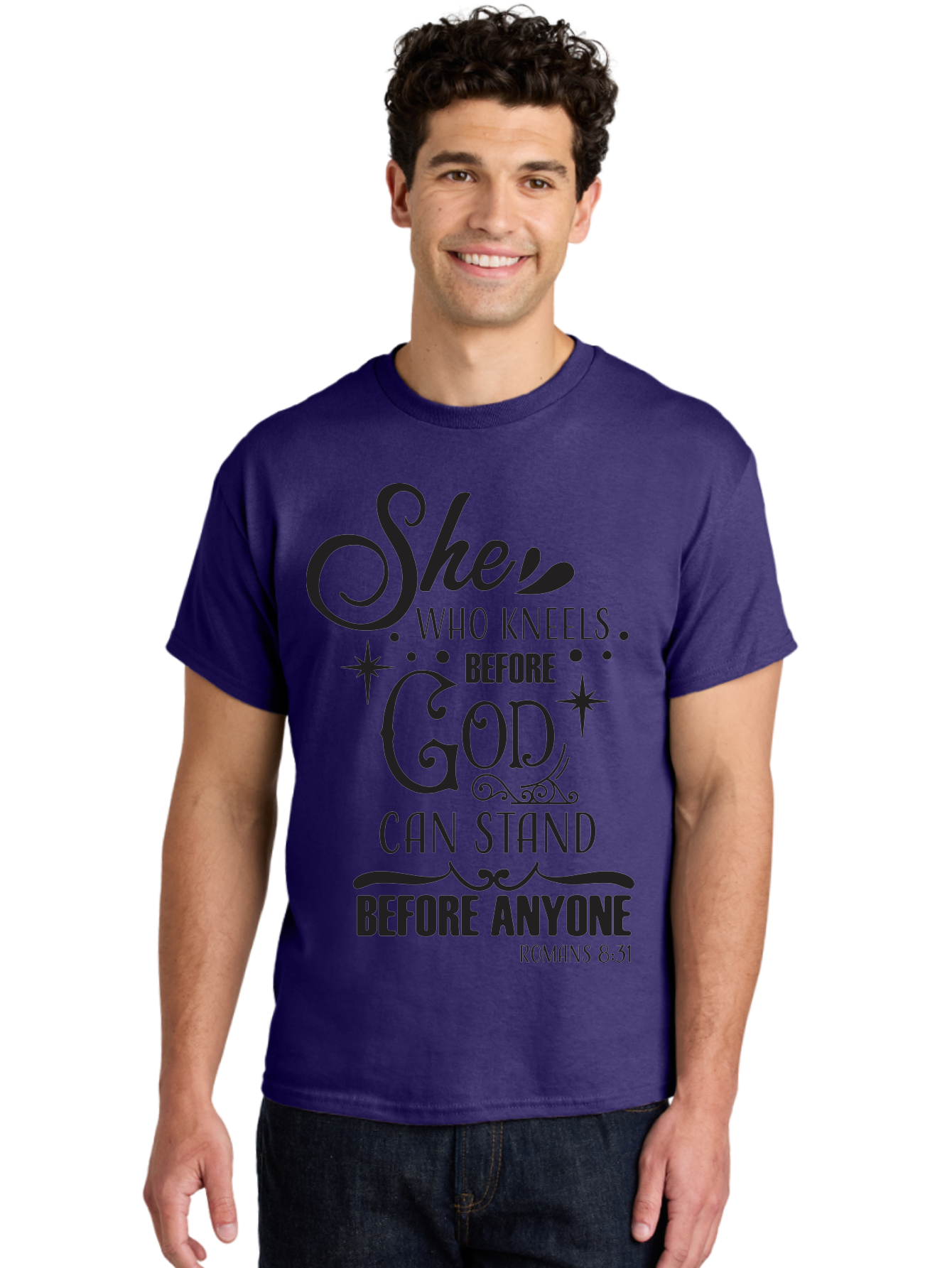 She-Who-Kneels-Before-God Men'S Graphic Tee, 100% Cotton, Comfortable Casual Summer Wear, Machine Washable, Inspirational Quote, Biblical Verse, Romans 8:31, She Who Kneels Before God Can Stand Before Anyone, Motivational Phrase, Aad158 10